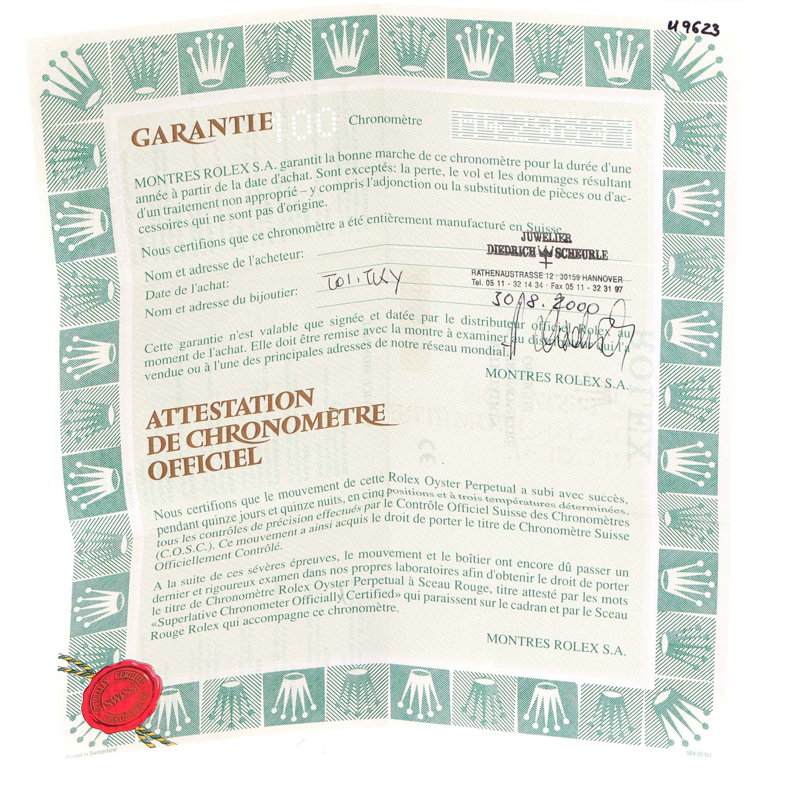 This image shows a warranty and chronometer certification for a Rolex Date 69160 Women's Stainless Steel Blue Dial 69160 Women's Stainless Steel Blue Dial model watch.