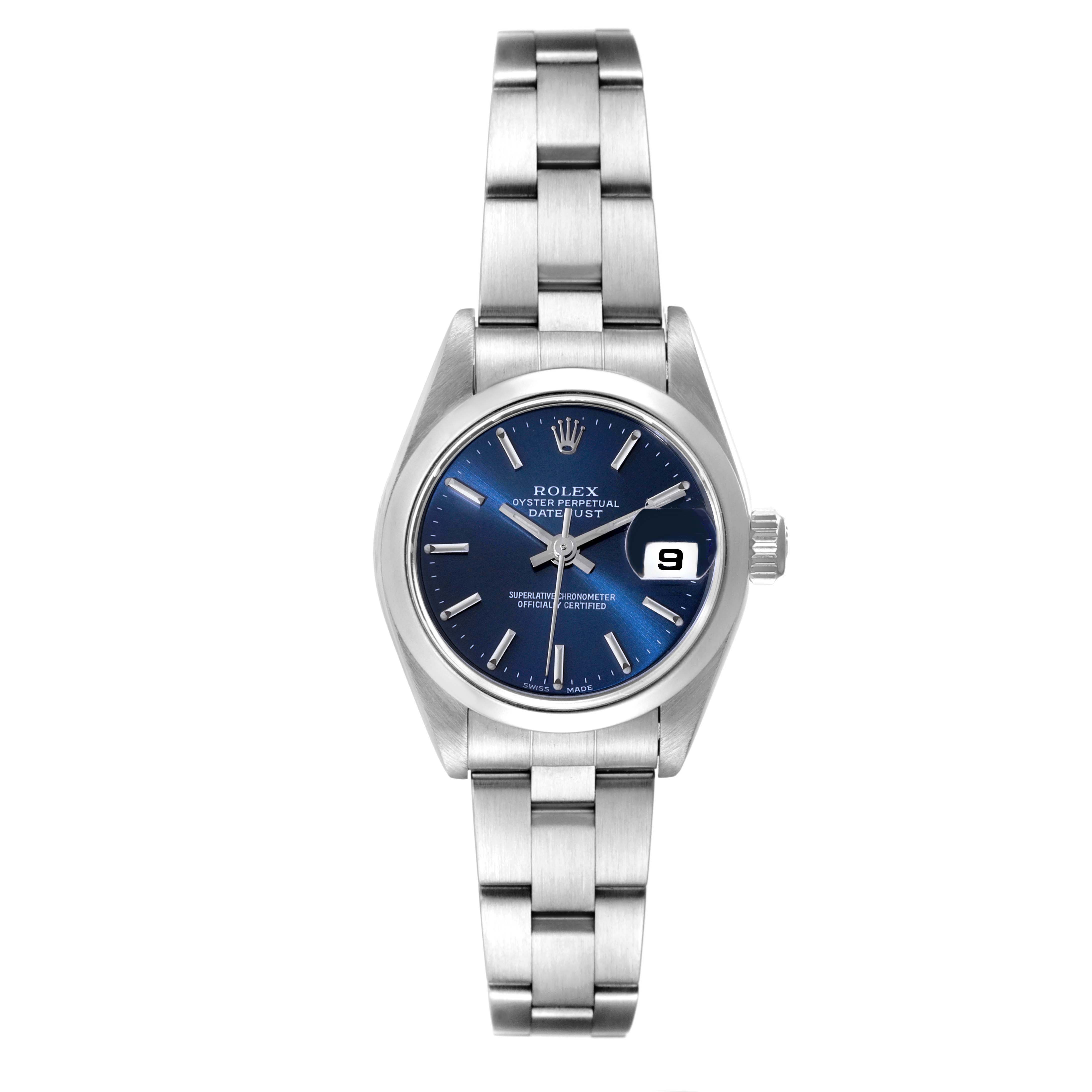 The image shows a front view of a Rolex Date 69160 Women's Stainless Steel Blue Dial 69160 Women's Stainless Steel Blue Dial model watch, featuring its blue dial, date window, and stainless steel bracelet.