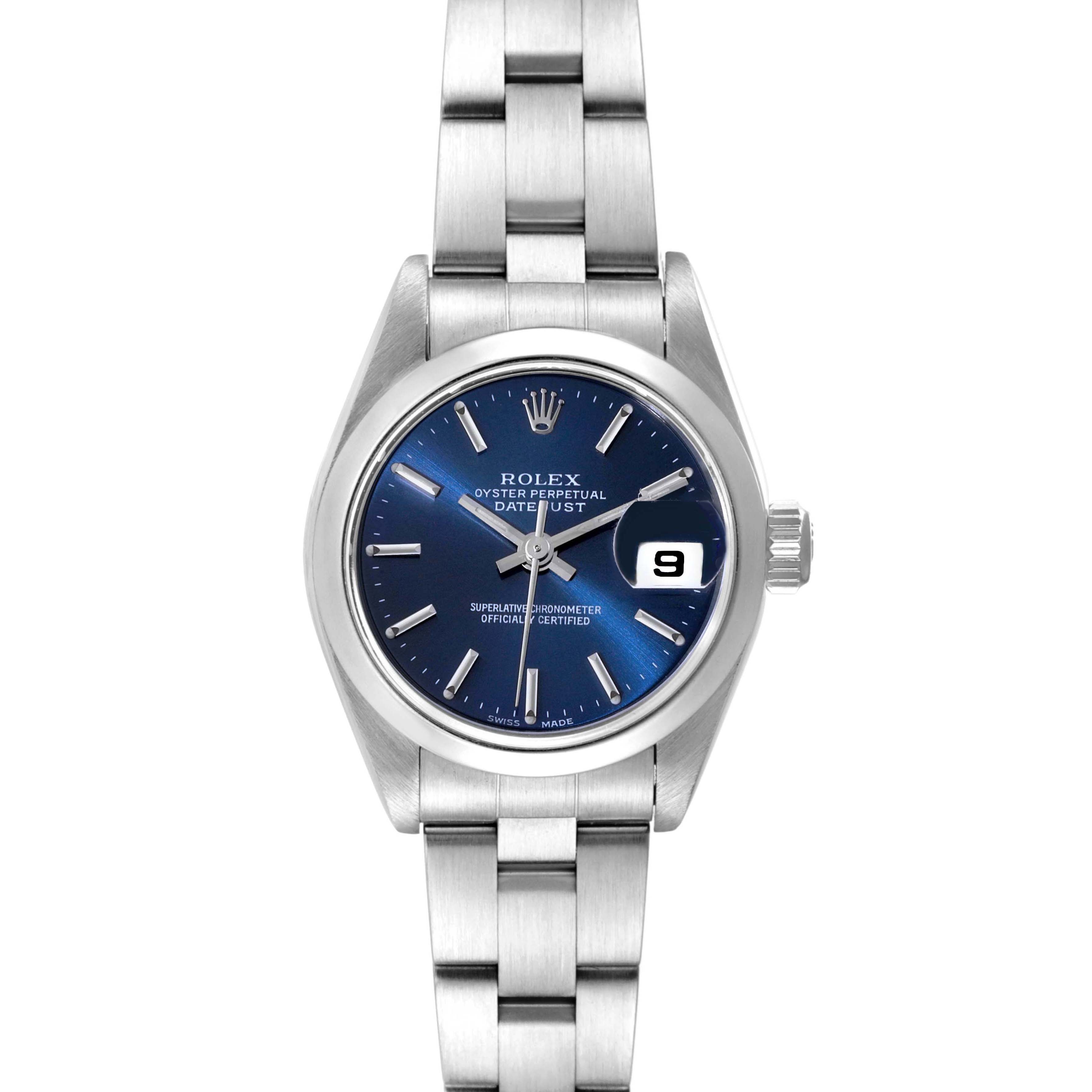 This image shows a front view of a Rolex Date 69160 Women's Stainless Steel Blue Dial 69160 Women's Stainless Steel Blue Dialjust model, featuring the dial, hands, date window, and metal bracelet.