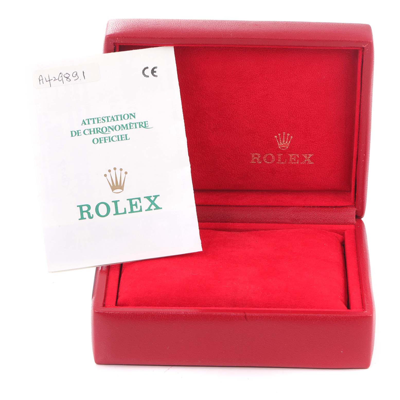 This image shows a Rolex Date 69160 Women's Stainless Steel Blue Dial 69160 Women's Stainless Steel Blue Dial model watch's red box and authenticity certificate.