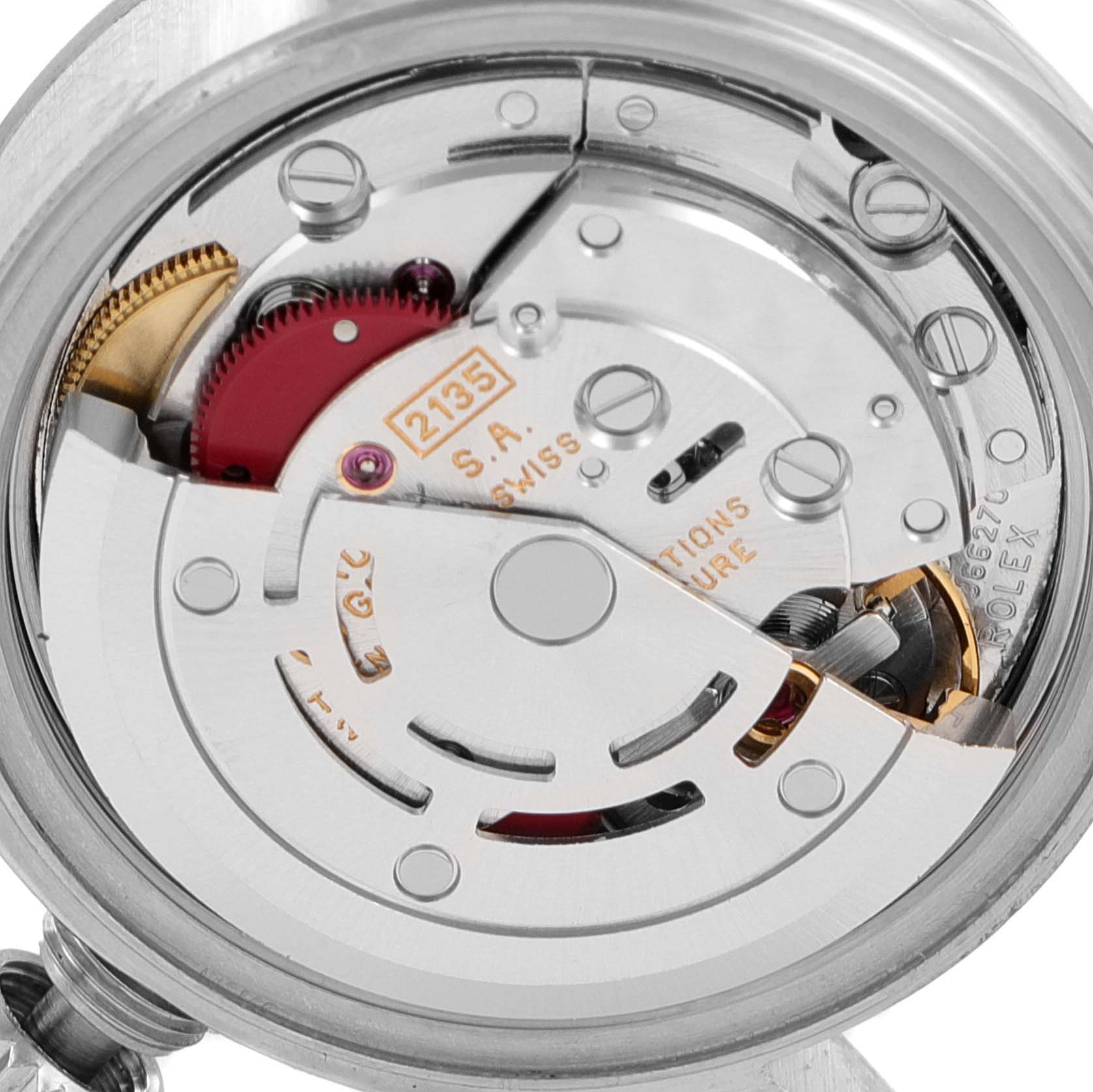 This image shows the internal mechanics and movement of a Rolex Date 69160 Women's Stainless Steel Blue Dial 69160 Women's Stainless Steel Blue Dial model watch from a rear angle.