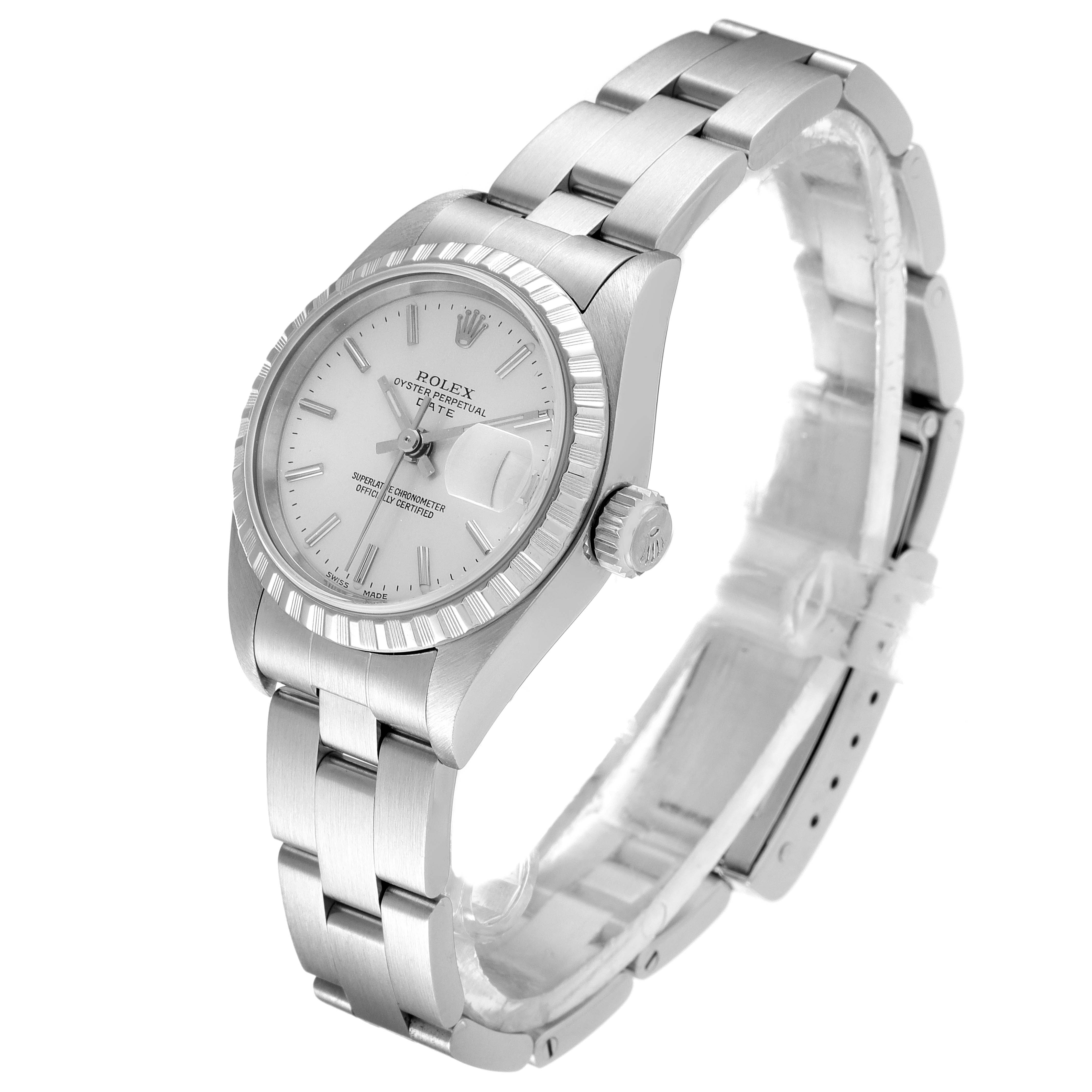 The Rolex Date 79240 Women's Stainless Steel Silver Dial 79240 Women's Stainless Steel Silver Dial watch is shown at a three-quarter angle, displaying the dial, crown, and metal bracelet.