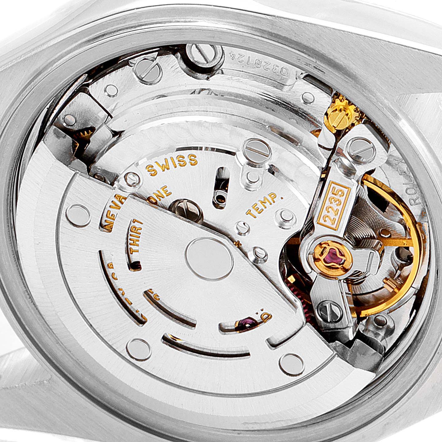This image shows a close-up view of the movement mechanism inside the Rolex Date 79240 Women's Stainless Steel Silver Dial 79240 Women's Stainless Steel Silver Dial model watch.