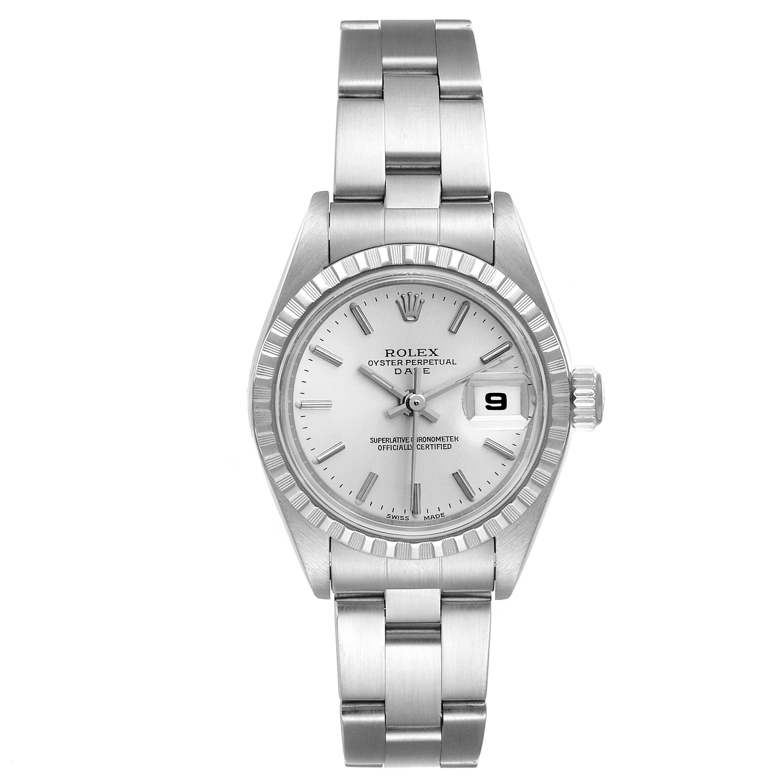 The image shows a frontal view of a Rolex Date 79240 Women's Stainless Steel Silver Dial 79240 Women's Stainless Steel Silver Dial model watch, showcasing its face, bezel, and bracelet.