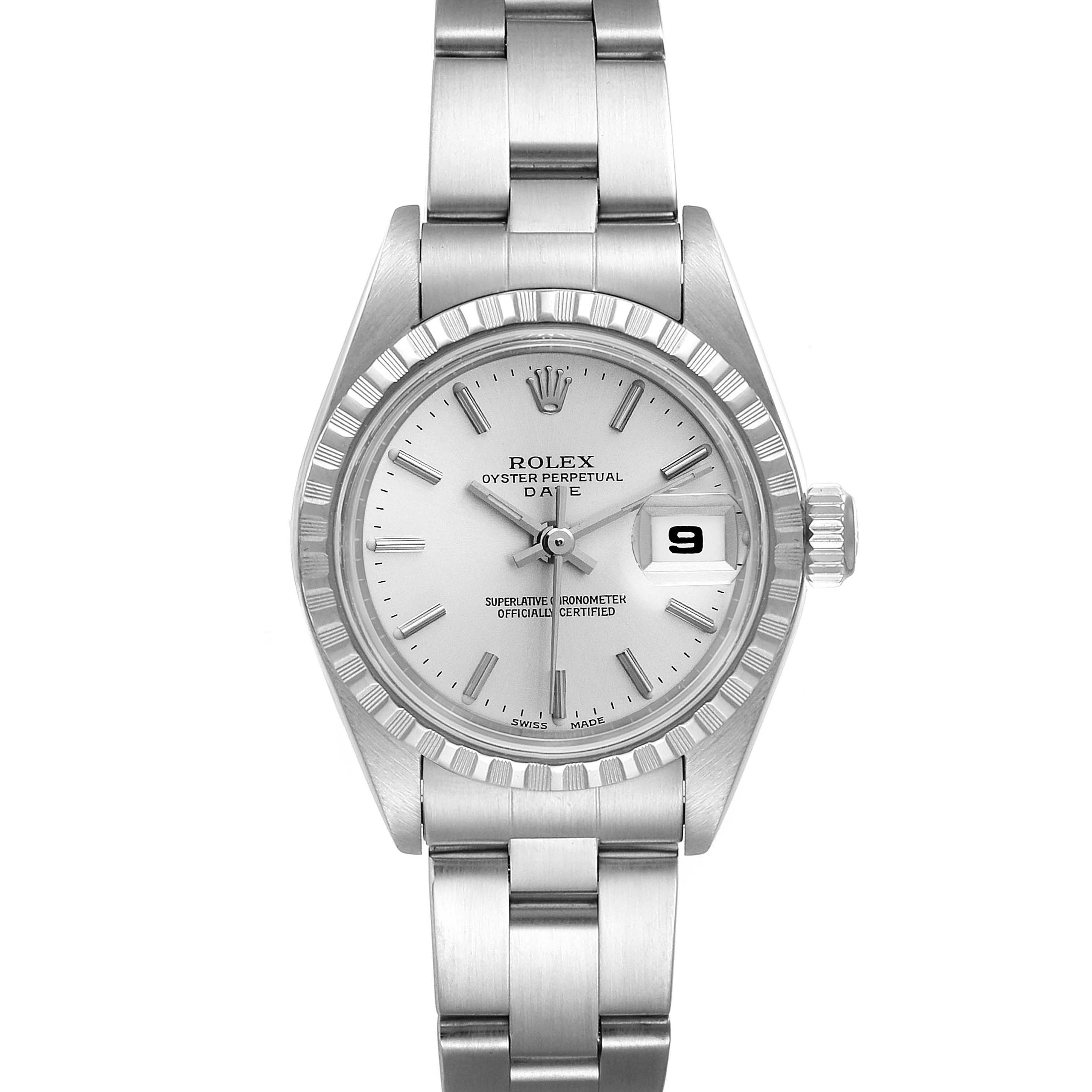 The image shows a front view of a Rolex Date 79240 Women's Stainless Steel Silver Dial 79240 Women's Stainless Steel Silver Dial model watch, featuring its dial, bezel, crown, and bracelet.