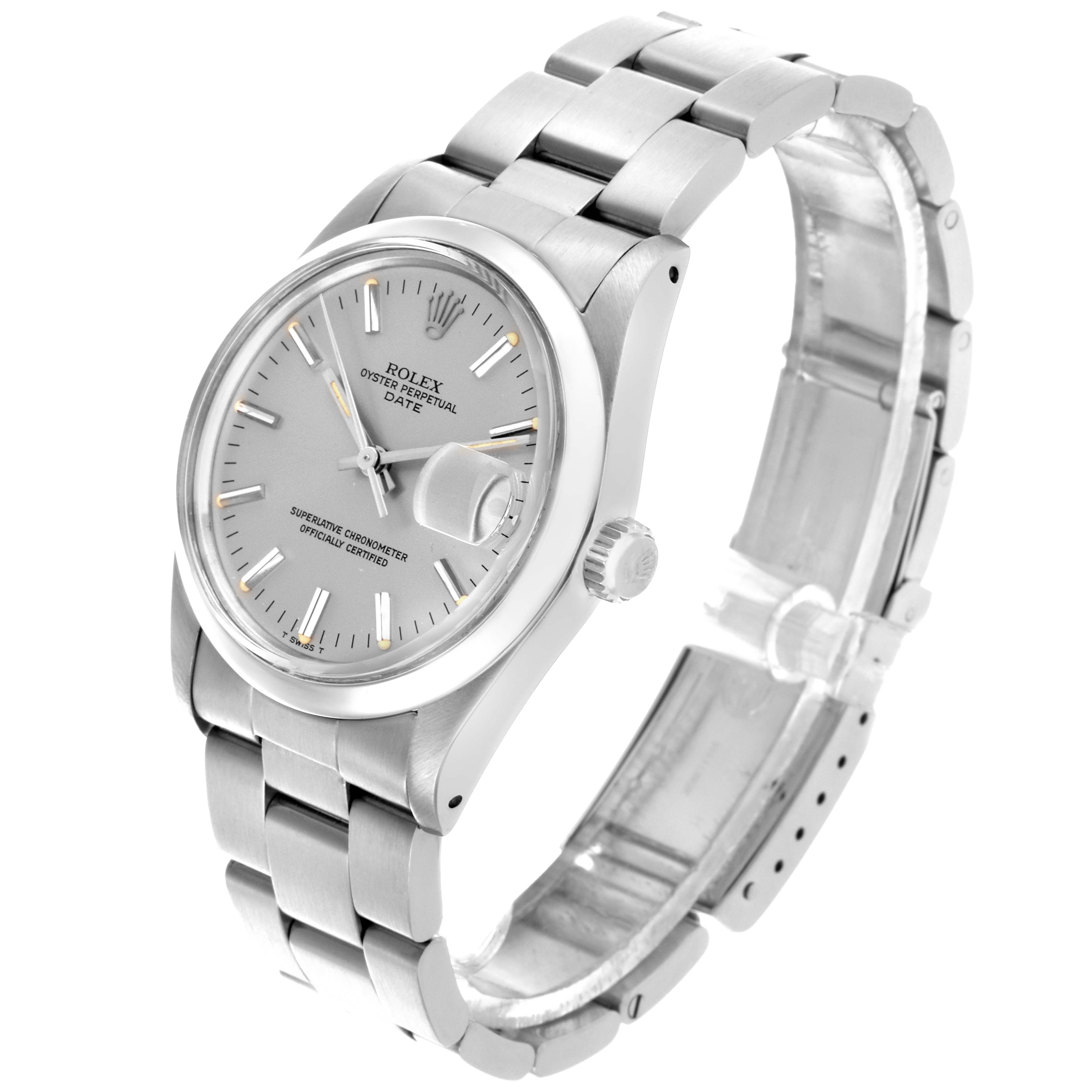 The Rolex Date 15000 Men's Stainless Steel Silver Dial 15000 Men's Stainless Steel Silver Dial watch is shown at a three-quarter angle, displaying the dial, crown, and partially open bracelet.