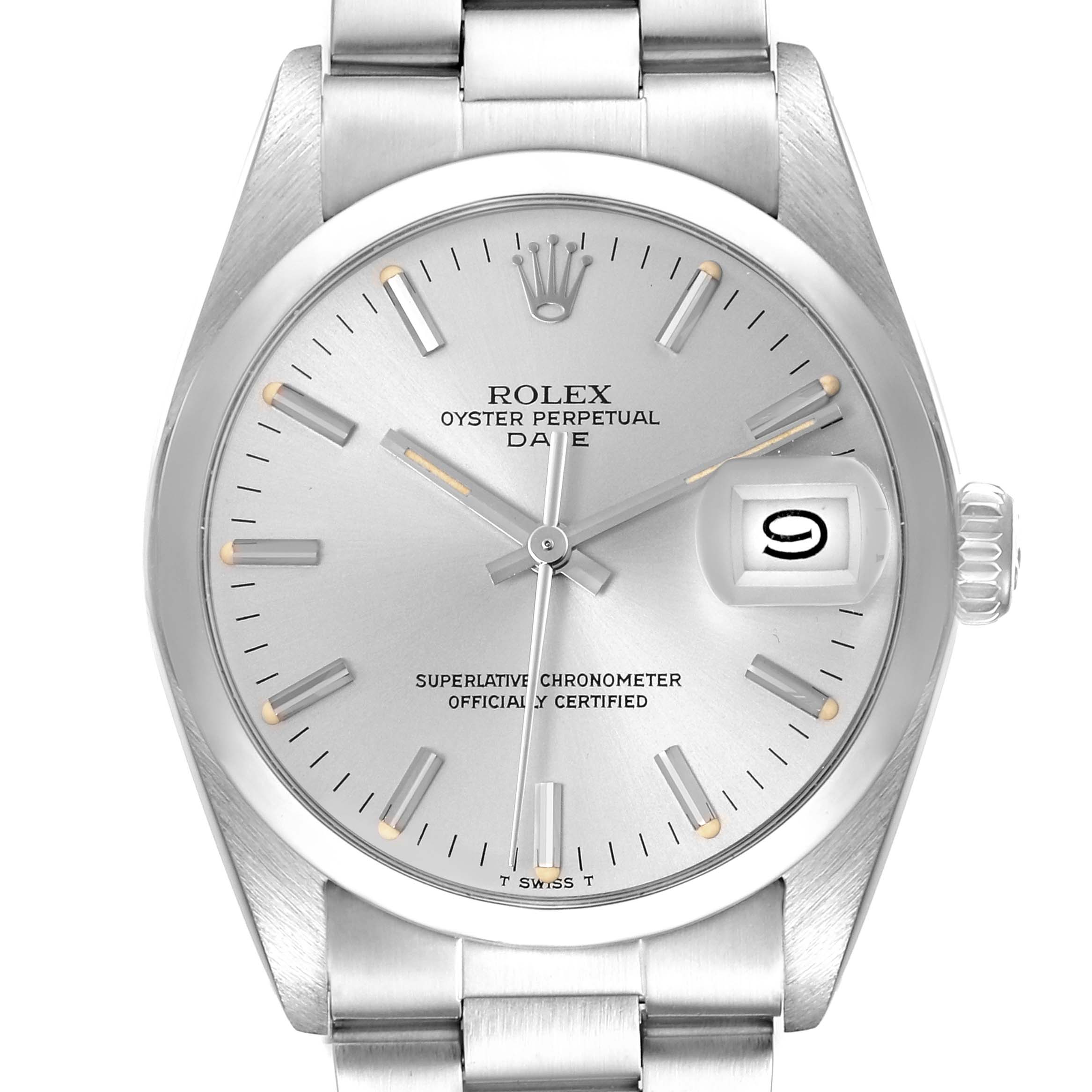 The Rolex Date 15000 Men's Stainless Steel Silver Dial 15000 Men's Stainless Steel Silver Dial watch is shown front-on, displaying the dial, bezel, crown, and part of the bracelet.