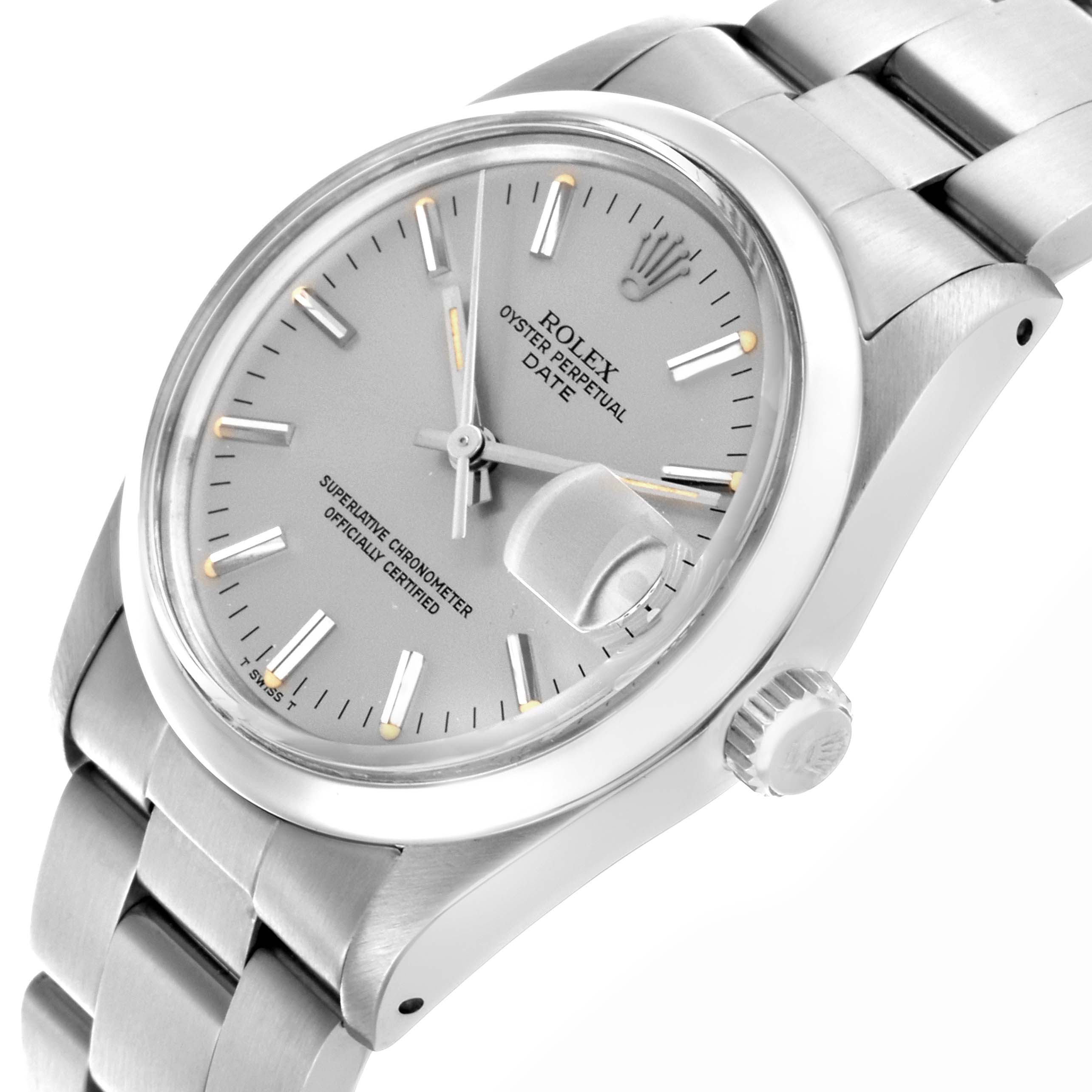 The Rolex Date 15000 Men's Stainless Steel Silver Dial 15000 Men's Stainless Steel Silver Dial model watch is shown at an oblique angle displaying the dial, bezel, crown, and part of the bracelet.