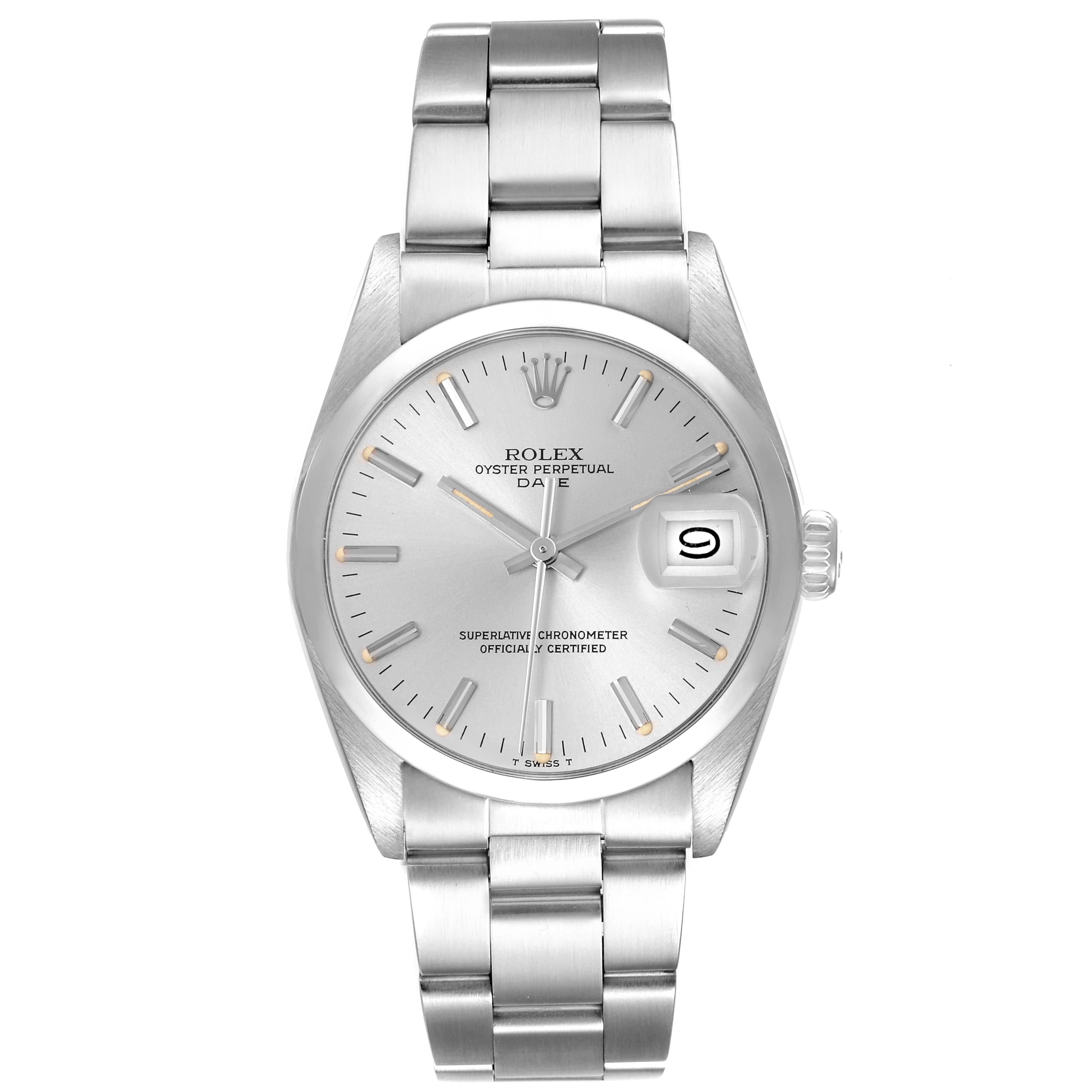 The Rolex Date 15000 Men's Stainless Steel Silver Dial 15000 Men's Stainless Steel Silver Dial watch is shown from the front, displaying the dial, case, bracelet, and crown.