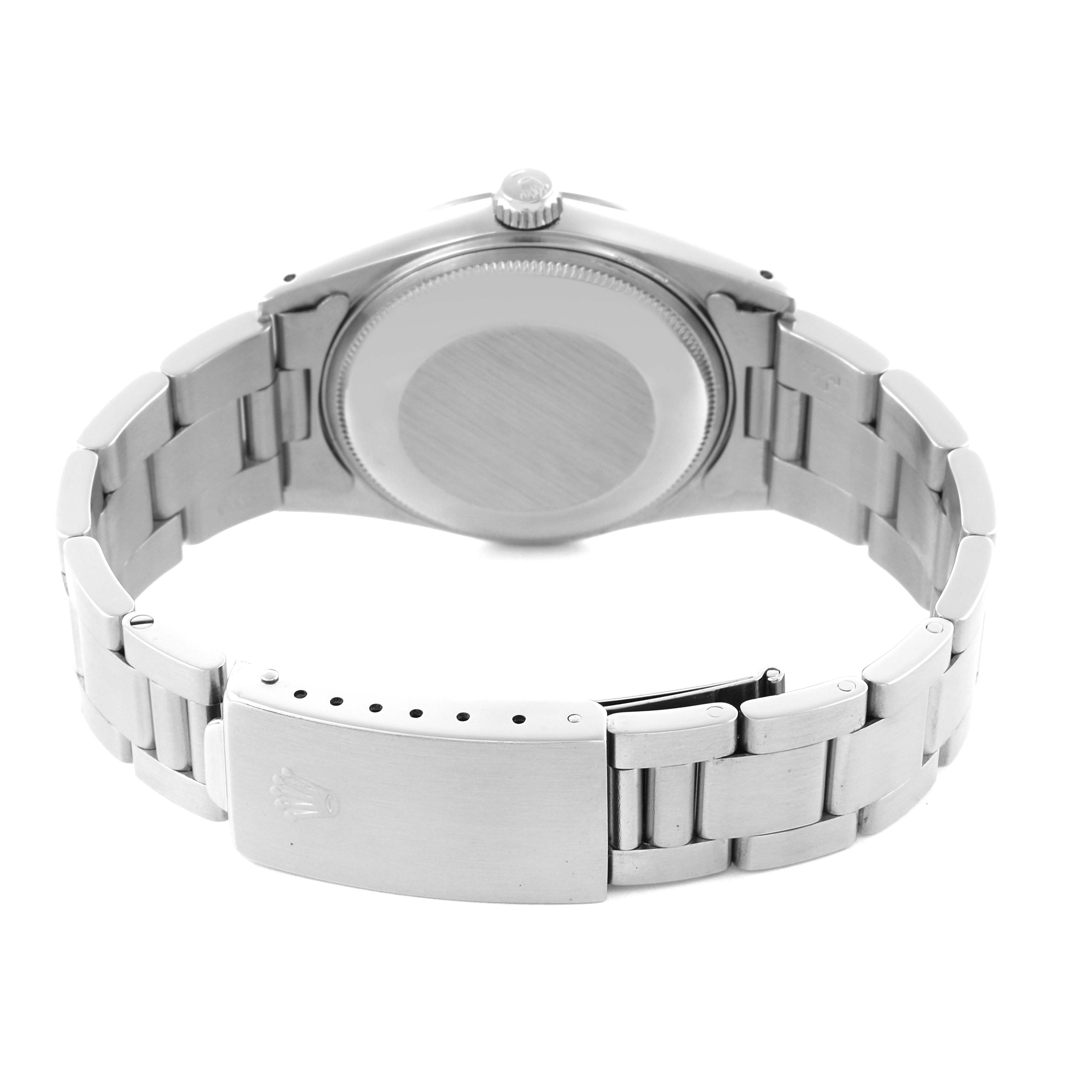 The image shows the back of the Rolex Date 15000 Men's Stainless Steel Silver Dial 15000 Men's Stainless Steel Silver Dial model, highlighting the case back, bracelet, and clasp.