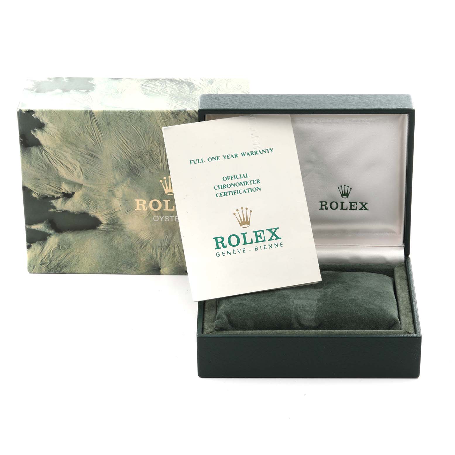 The image shows a Rolex Date 15000 Men's Stainless Steel Silver Dial 15000 Men's Stainless Steel Silver Dial model watch box, warranty paper, and outer packaging.