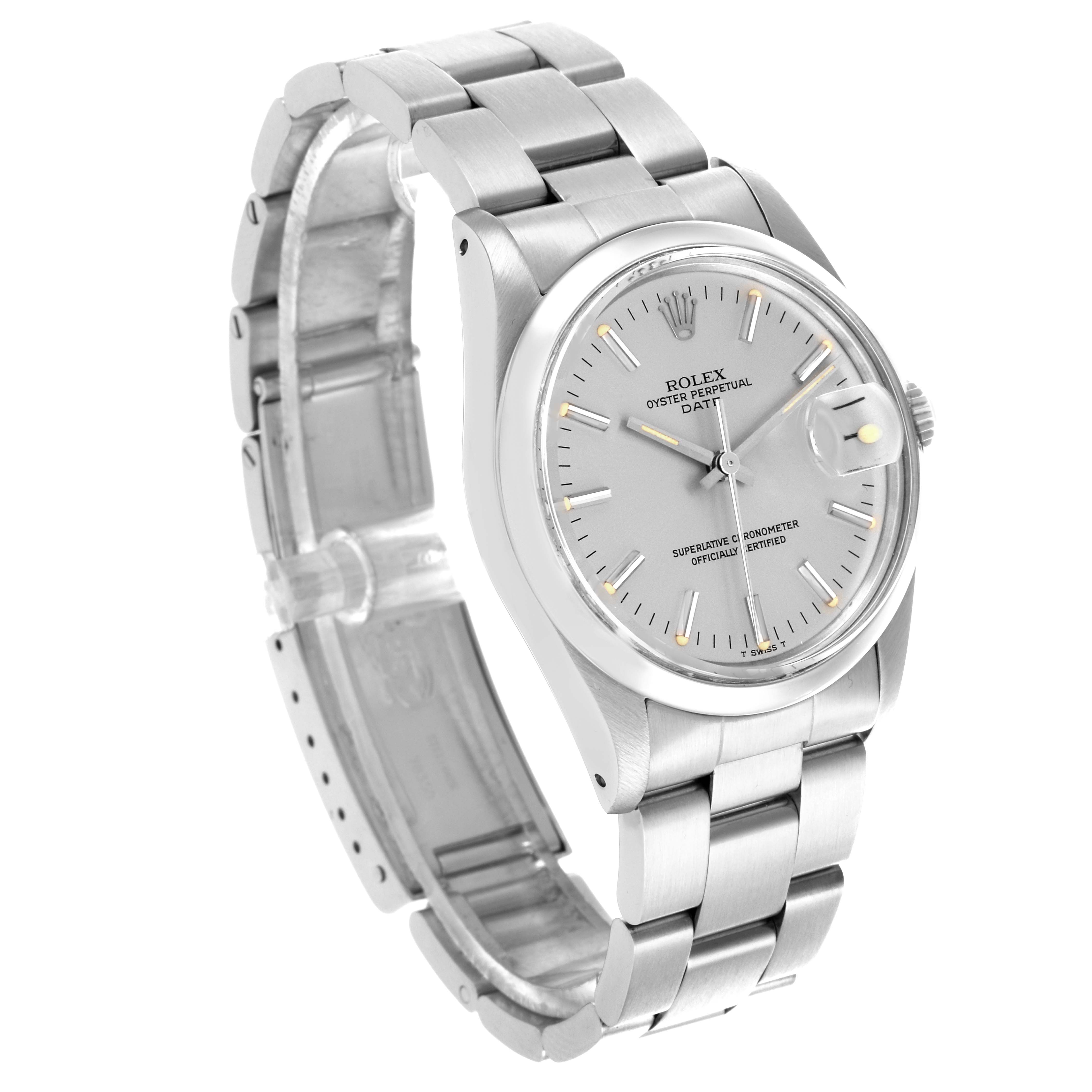 The Rolex Date 15000 Men's Stainless Steel Silver Dial 15000 Men's Stainless Steel Silver Dial model watch is shown at a three-quarter angle, displaying the dial, bracelet, case, and clasp.