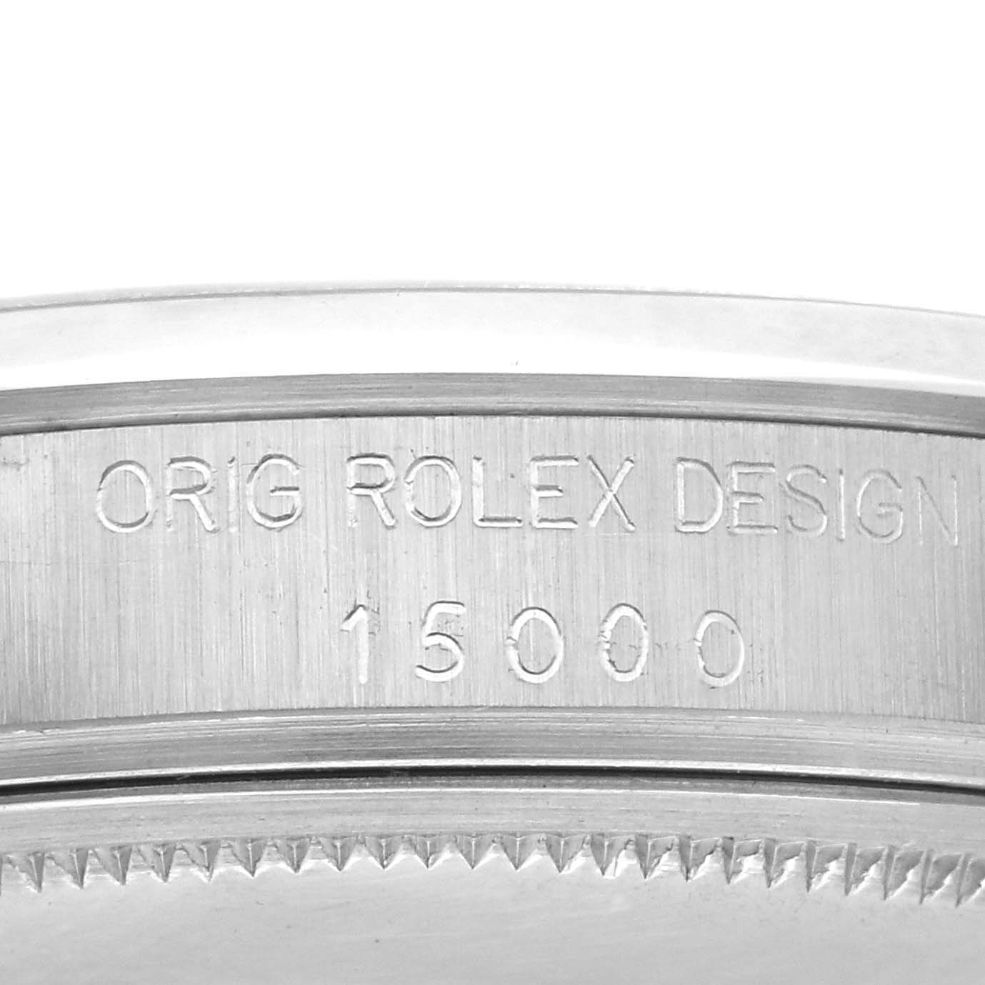 The image shows a close-up of the inner bezel with engraved text for the Rolex Date 15000 Men's Stainless Steel Silver Dial 15000 Men's Stainless Steel Silver Dial model.