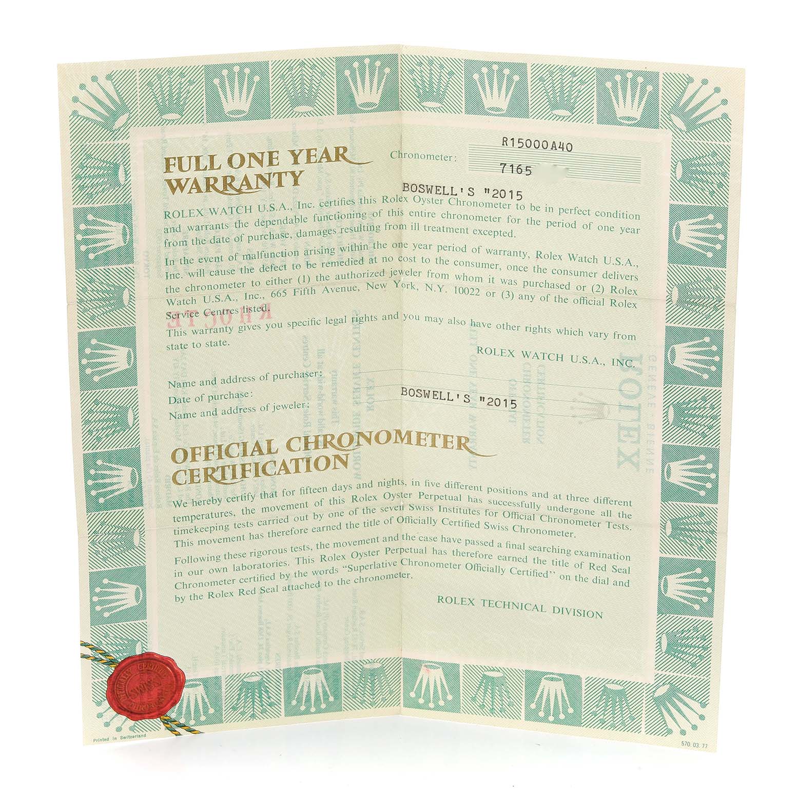 The image shows a flat lay of a Rolex Date 15000 Men's Stainless Steel Silver Dial 15000 Men's Stainless Steel Silver Dial model warranty and chronometer certification.