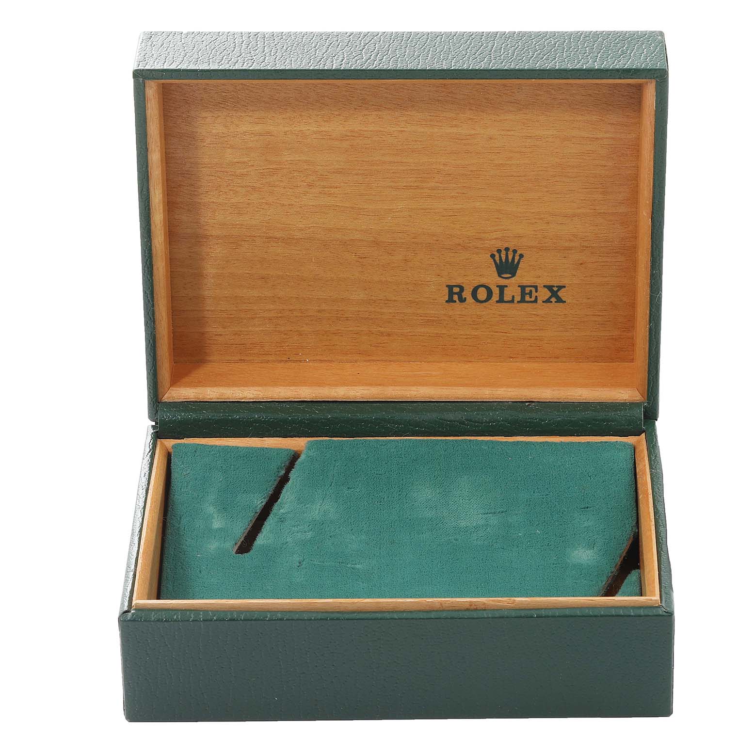 This is a front view of an empty Rolex Date 15210 Men's Stainless Steel White Dial 15210 Men's Stainless Steel White Dial model watch box, showcasing its green exterior and wooden interior.