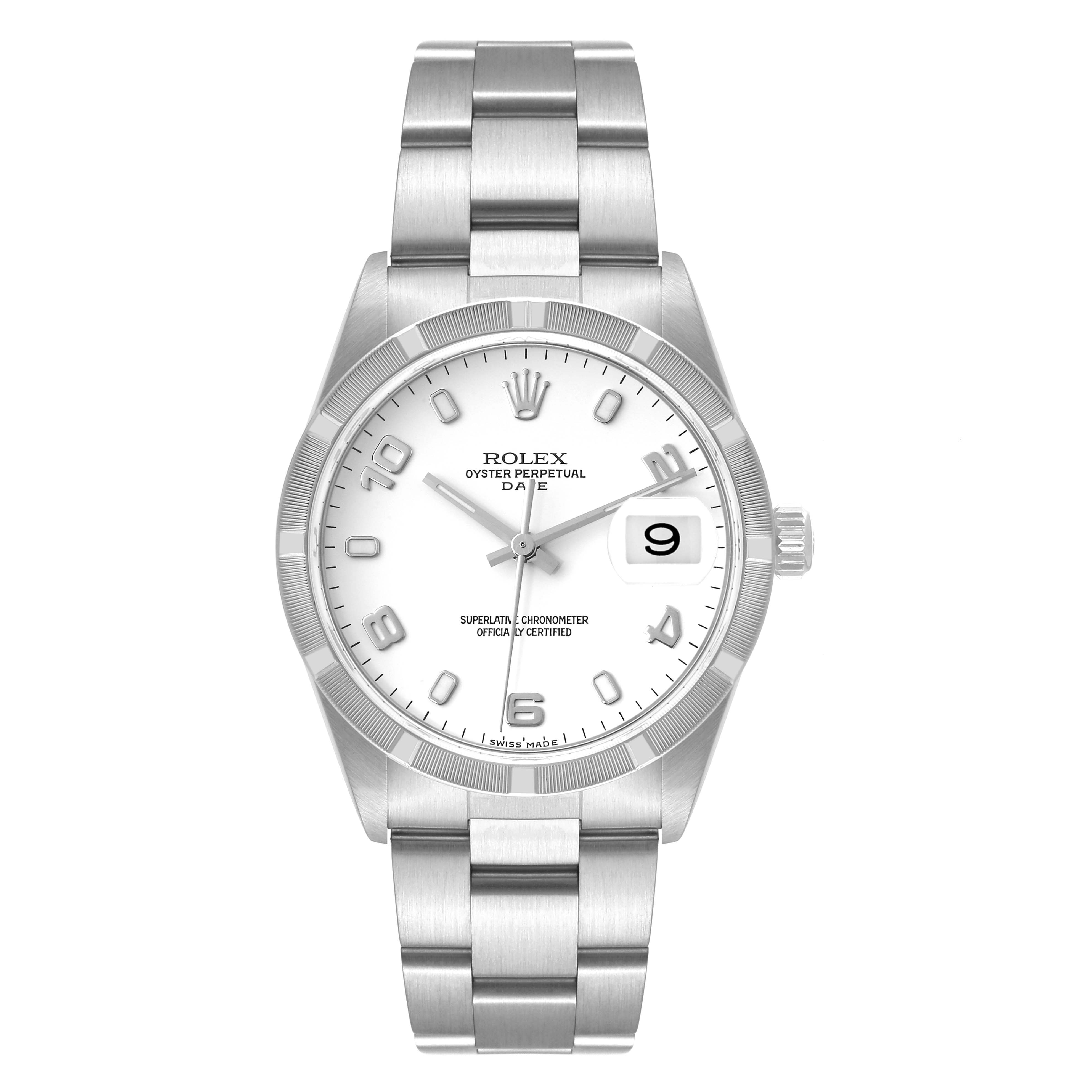 This image shows a front view of the Rolex Date 15210 Men's Stainless Steel White Dial 15210 Men's Stainless Steel White Dial model watch, displaying the face, bezel, bracelet, and crown.