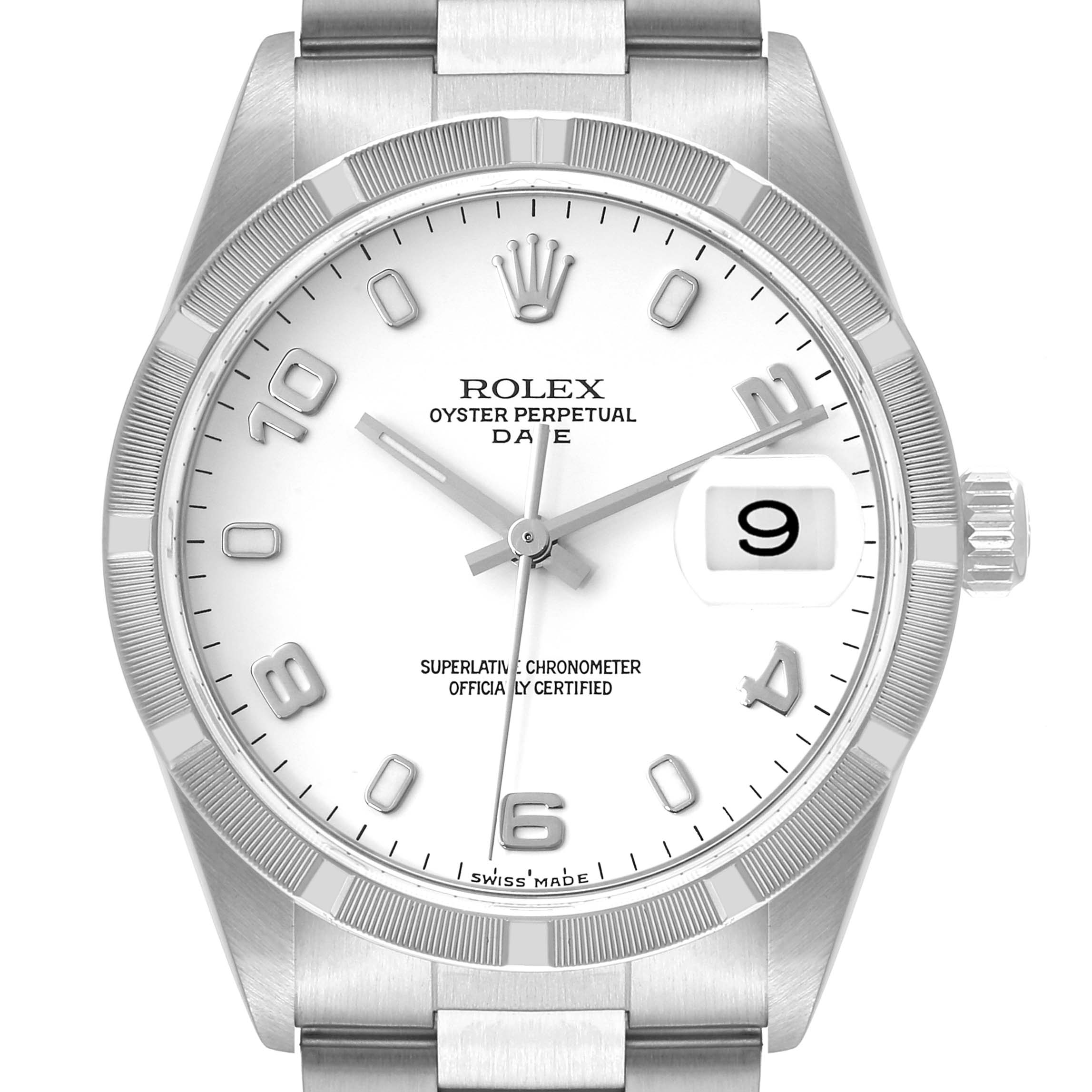 The image shows a front view of a Rolex Oyster Perpetual Date watch displaying the face and part of the bracelet.