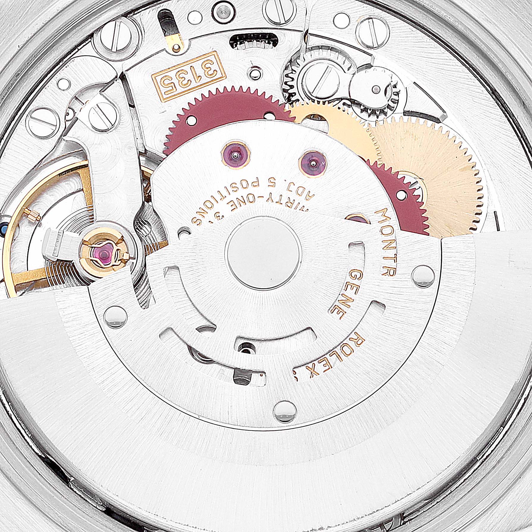 This close-up image of the Rolex Date 15210 Men's Stainless Steel White Dial 15210 Men's Stainless Steel White Dial model watch shows its intricate movement and mechanical parts.