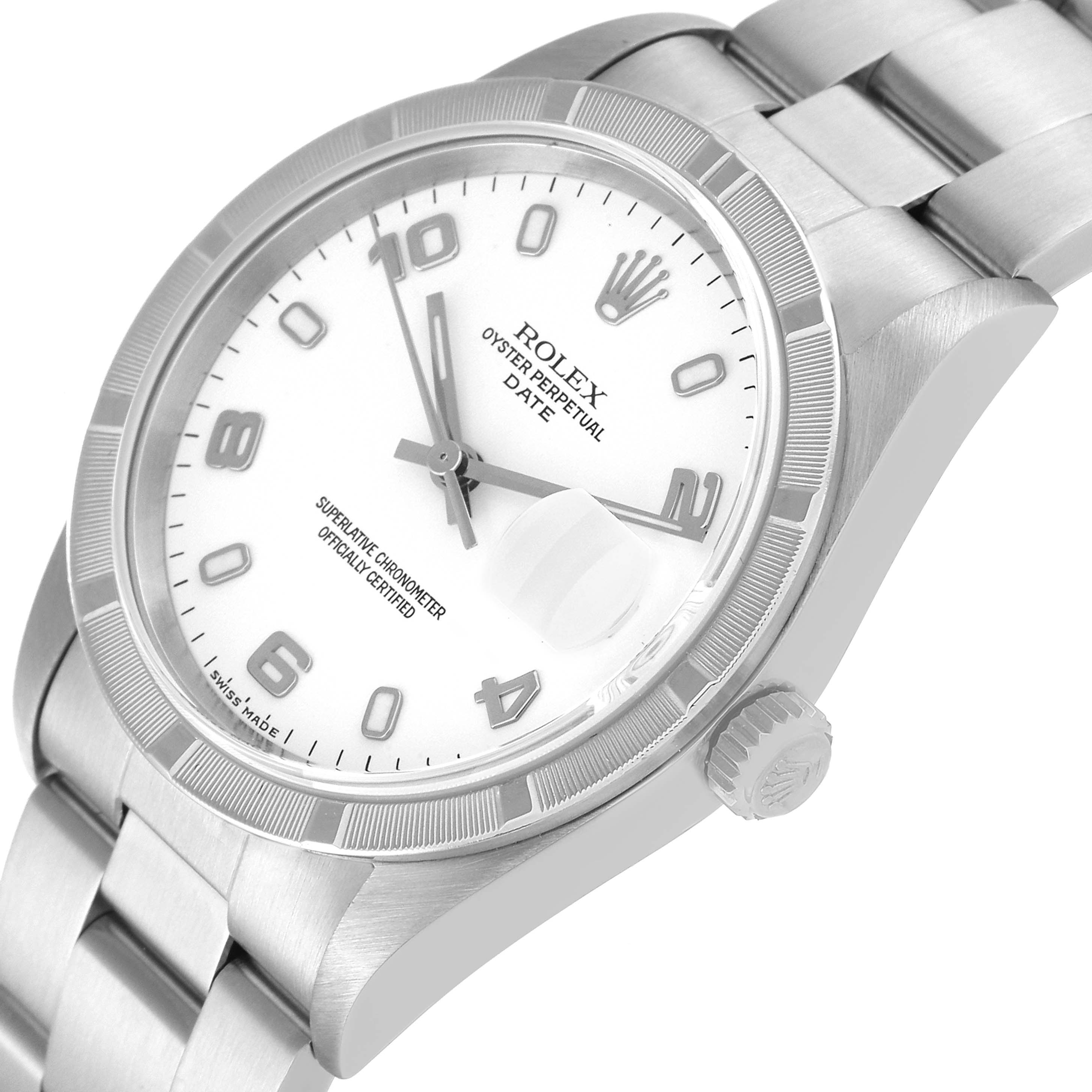 This image shows a Rolex Date 15210 Men's Stainless Steel White Dial 15210 Men's Stainless Steel White Dial model watch at an angle highlighting the dial, bezel, crown, and part of the bracelet.