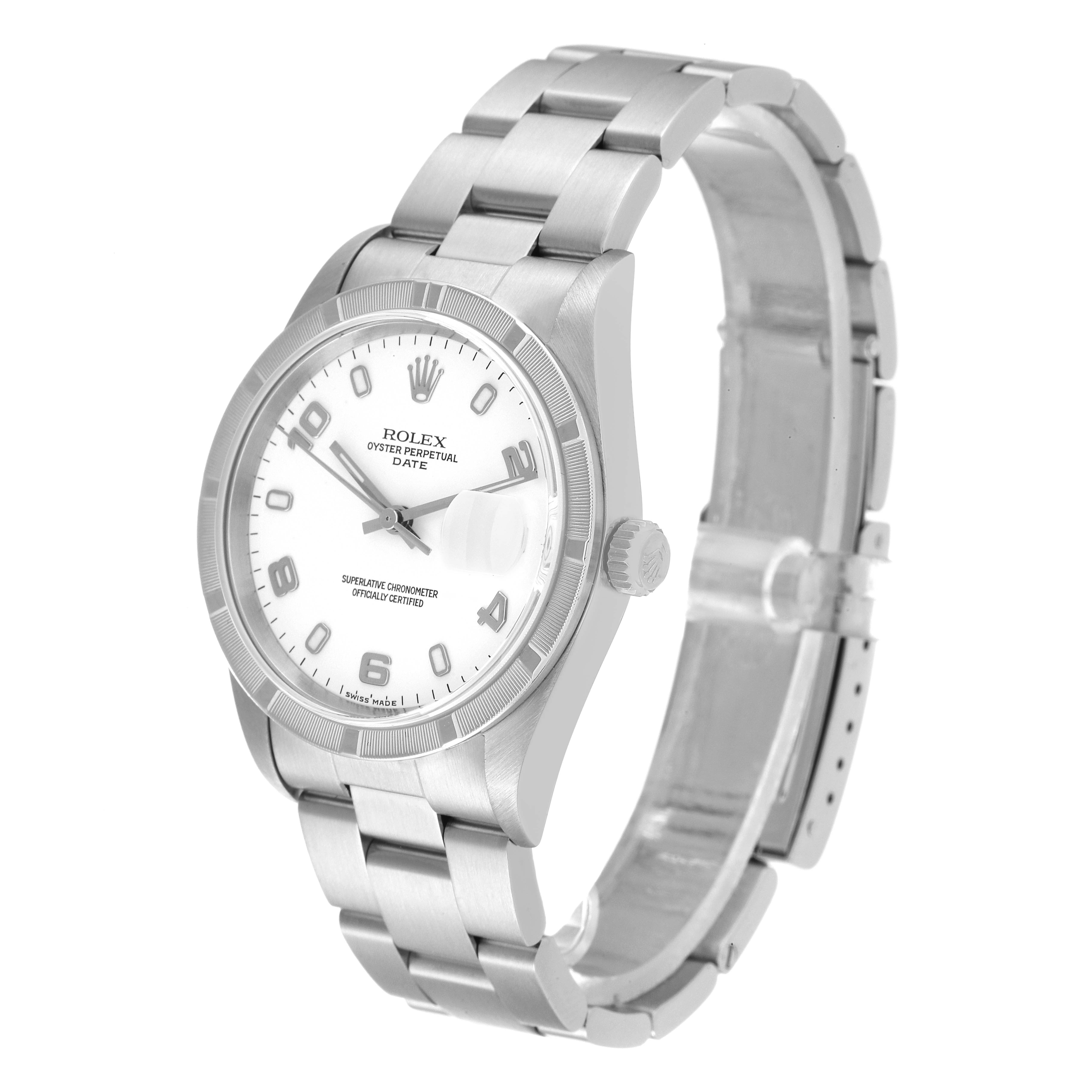 This is a side-angle view of the Rolex Date 15210 Men's Stainless Steel White Dial 15210 Men's Stainless Steel White Dial model watch, showing the dial, bezel, crown, and bracelet.