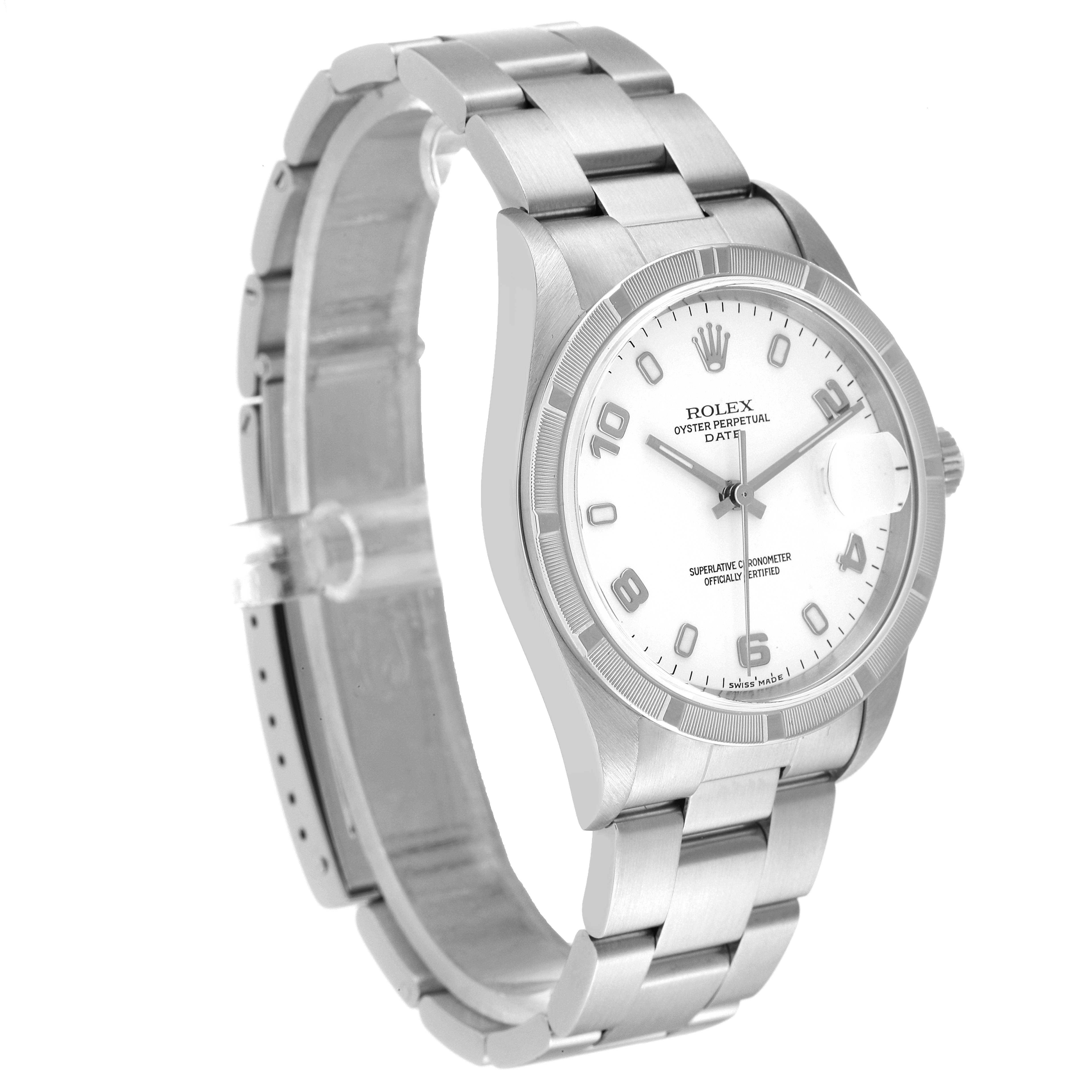 This Rolex Date 15210 Men's Stainless Steel White Dial 15210 Men's Stainless Steel White Dial model watch is shown at a slight side angle, displaying its dial, case, and bracelet.