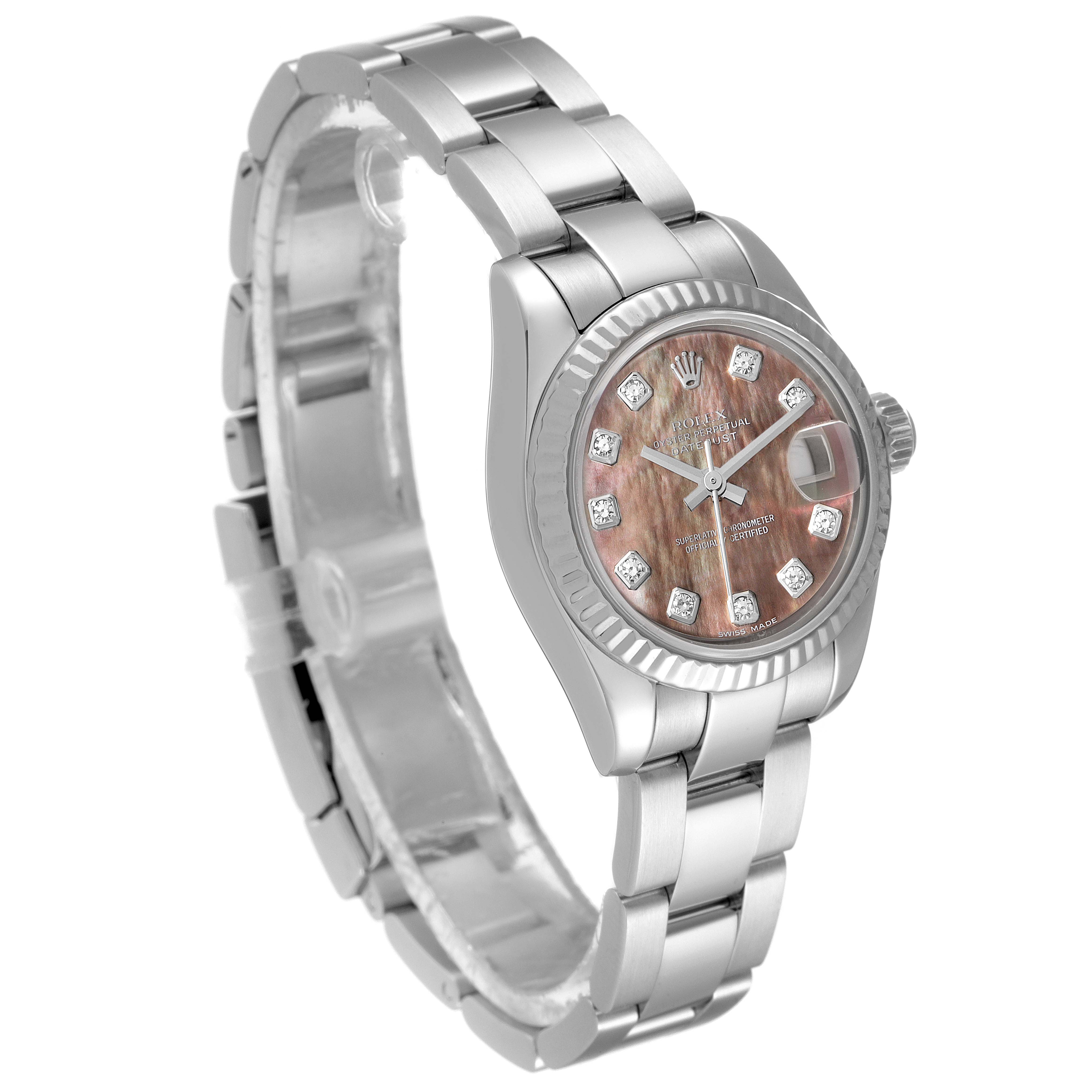 The Rolex Datejust 179174 Women's Stainless Steel Mother of Pearl Dial 179174 Women's Stainless Steel Mother of Pearl Dial watch is shown at a three-quarter angle, highlighting its dial, bracelet, and fluted bezel.