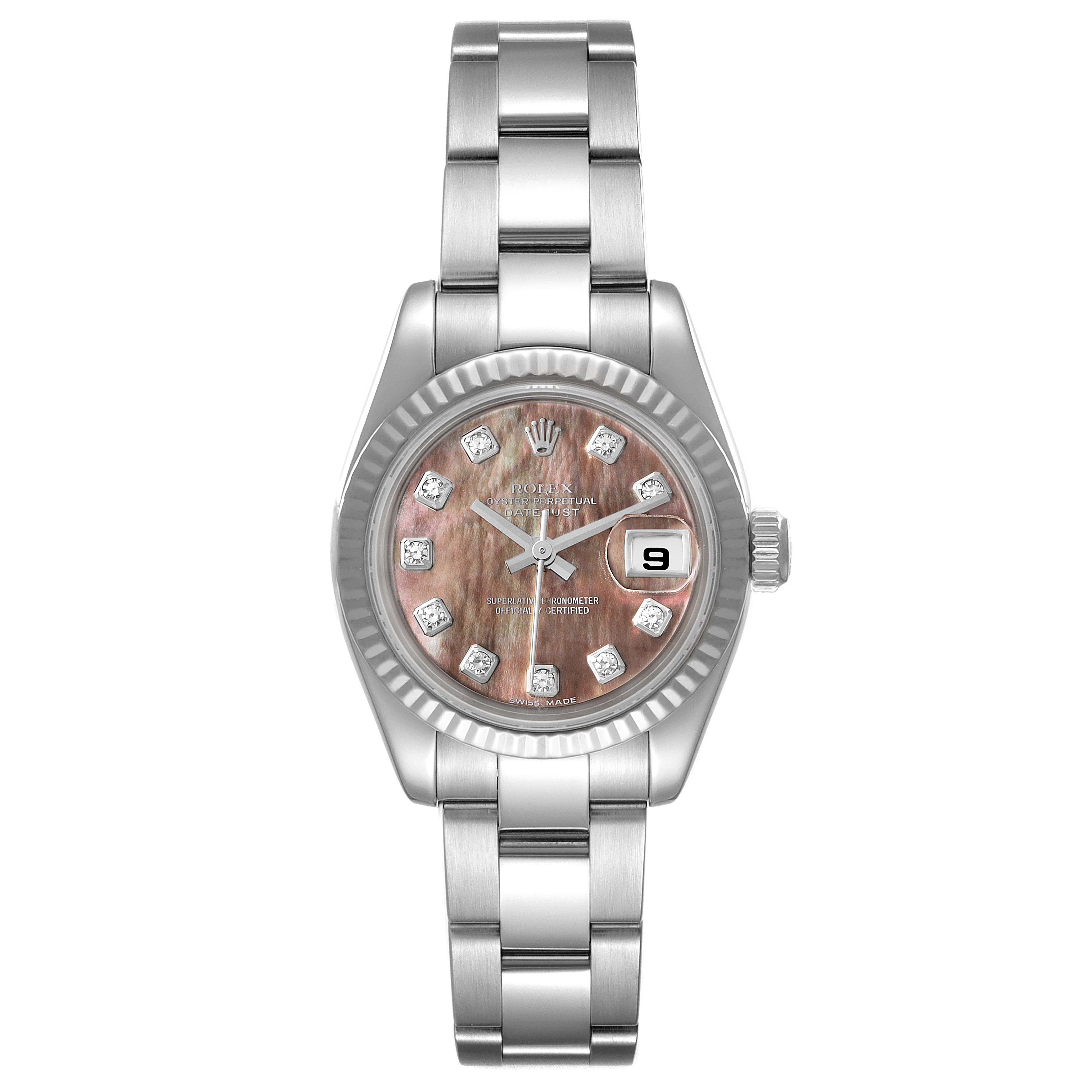 This image shows a full-frontal view of the Rolex Datejust 179174 Women's Stainless Steel Mother of Pearl Dial 179174 Women's Stainless Steel Mother of Pearl Dial watch, featuring its dial, case, bezel, and bracelet.