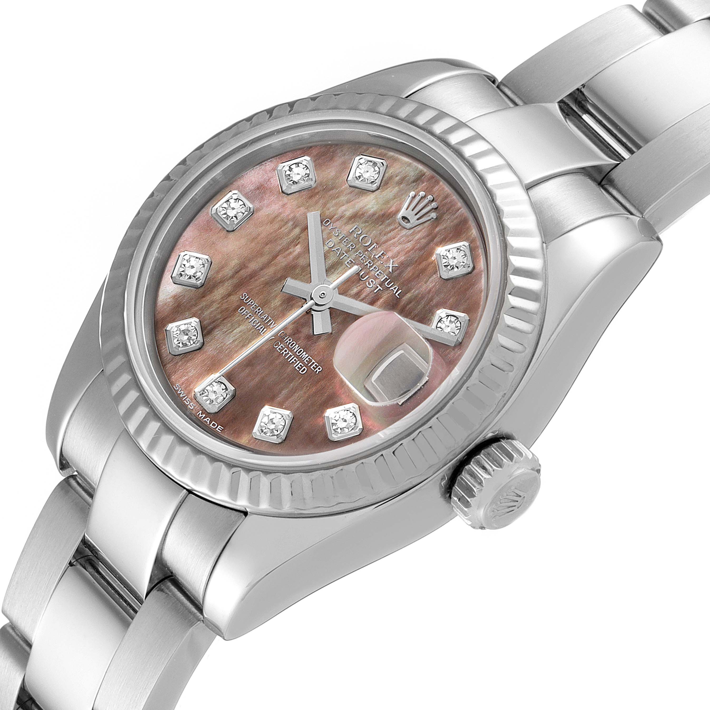 The image shows a Rolex Datejust 179174 Women's Stainless Steel Mother of Pearl Dial 179174 Women's Stainless Steel Mother of Pearl Dial watch at an angle, highlighting the face, bezel, and part of the bracelet.