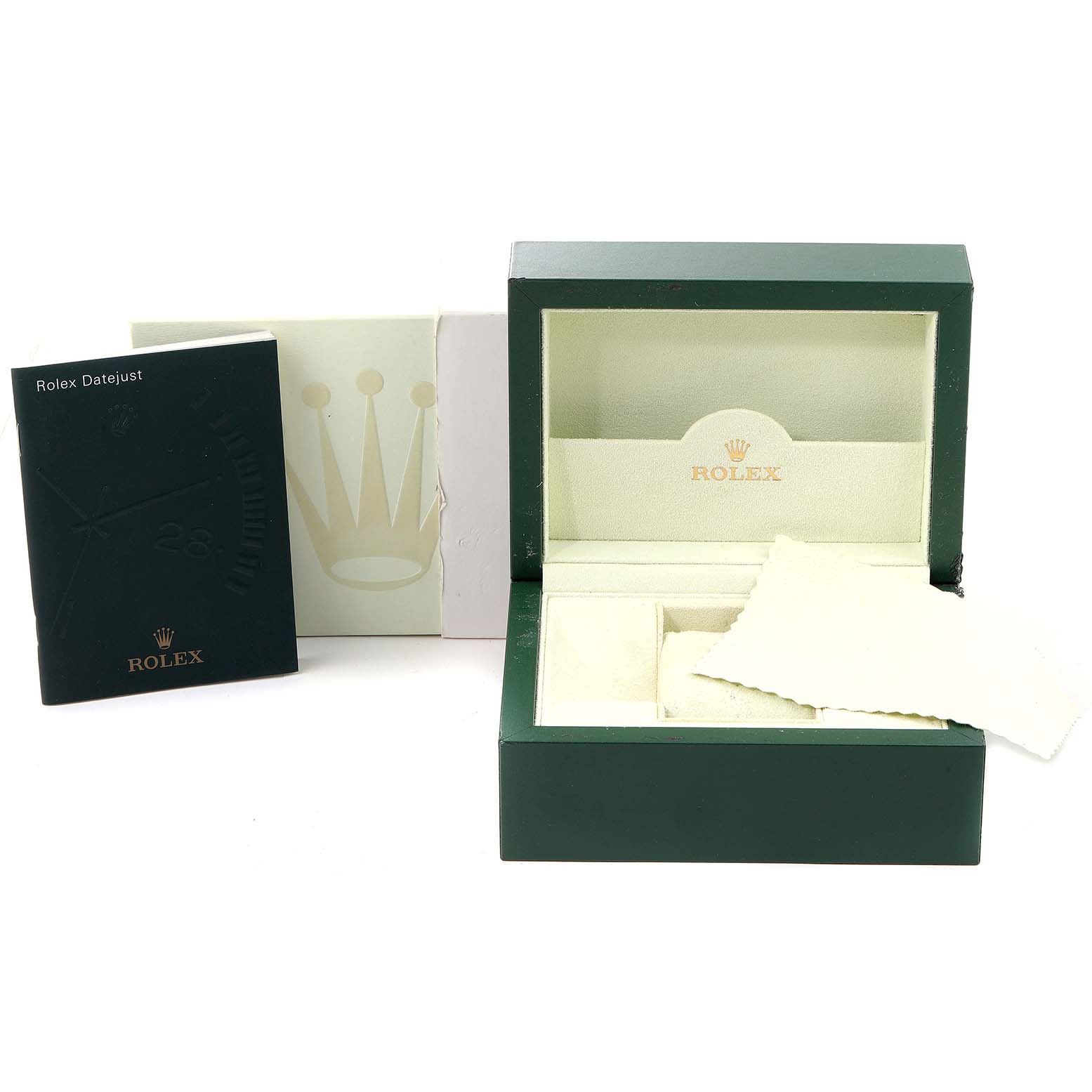 The image shows the packaging for a Rolex Datejust 179174 Women's Stainless Steel Mother of Pearl Dial 179174 Women's Stainless Steel Mother of Pearl Dial watch, including the box, a booklet, and a cleaning cloth.