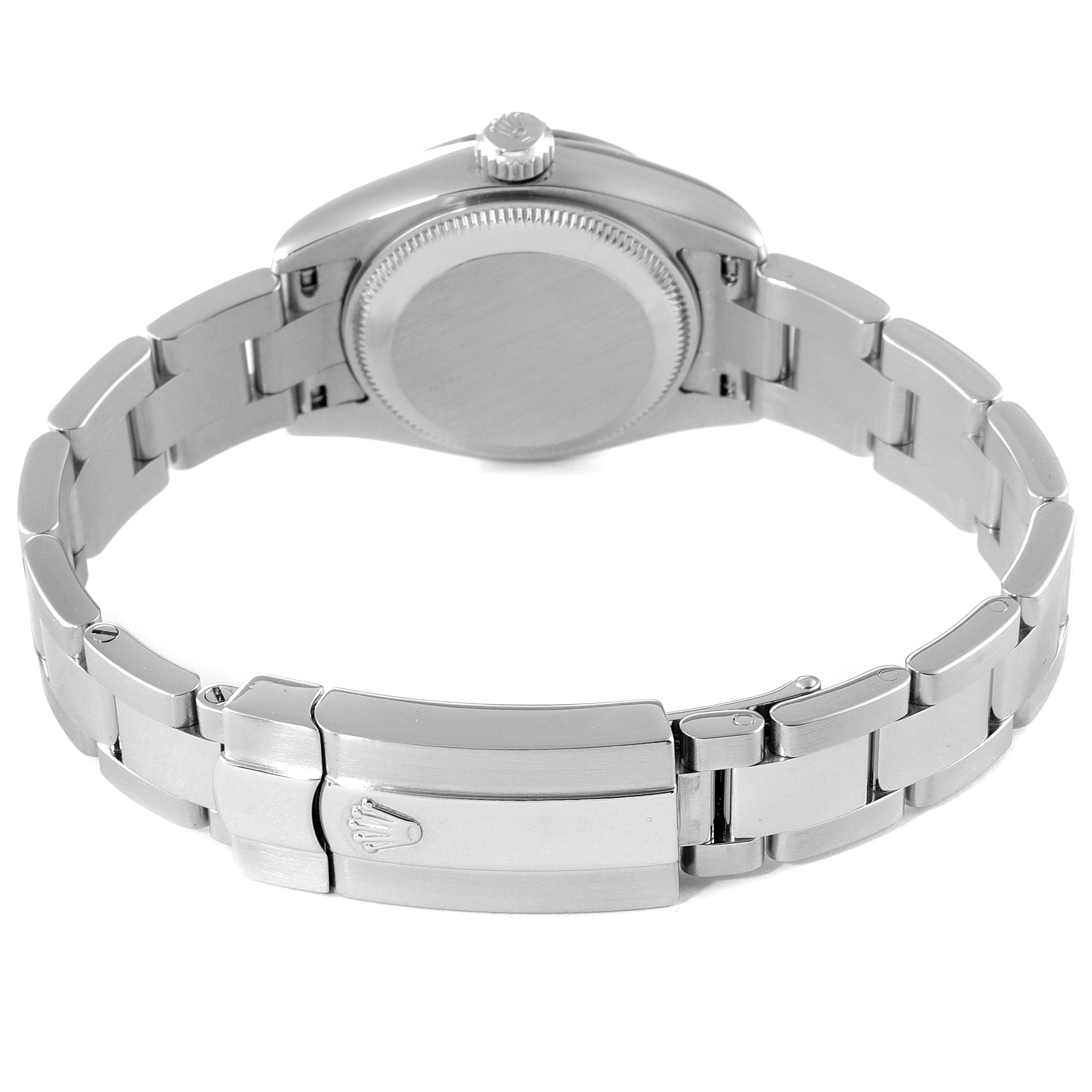 The image shows the back view of a Rolex Datejust 179174 Women's Stainless Steel Mother of Pearl Dial 179174 Women's Stainless Steel Mother of Pearl Dial watch, highlighting the bracelet and clasp.