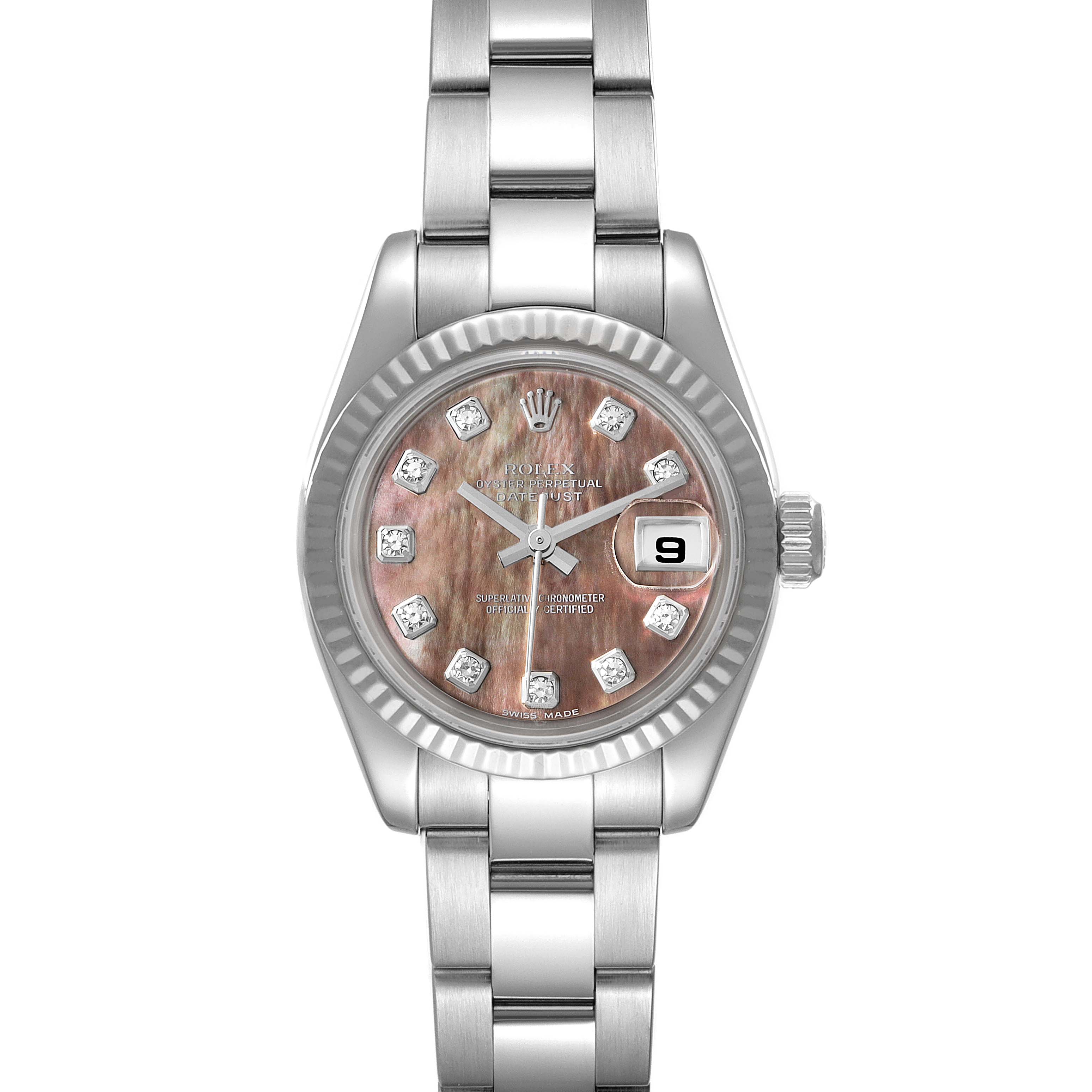 The image shows a frontal view of a Rolex Datejust 179174 Women's Stainless Steel Mother of Pearl Dial 179174 Women's Stainless Steel Mother of Pearl Dial watch, displaying its dial, bracelet, and date window at the 3 o'clock position.