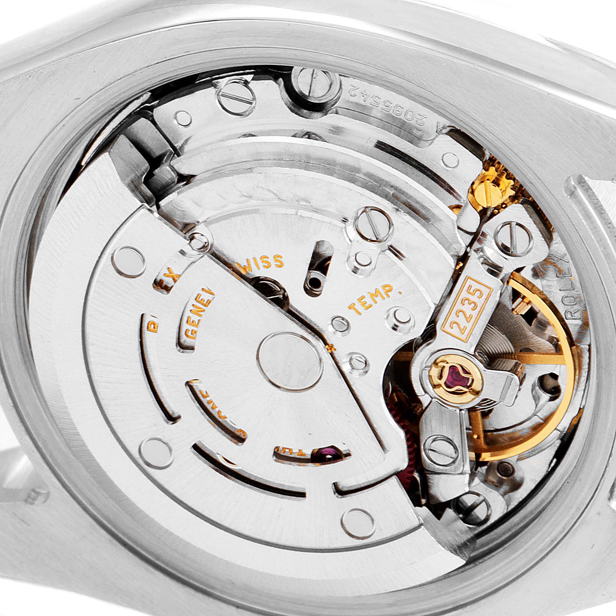 The image shows the inner mechanical movement of a Rolex Datejust 179174 Women's Stainless Steel Mother of Pearl Dial 179174 Women's Stainless Steel Mother of Pearl Dial watch from a close-up angle.