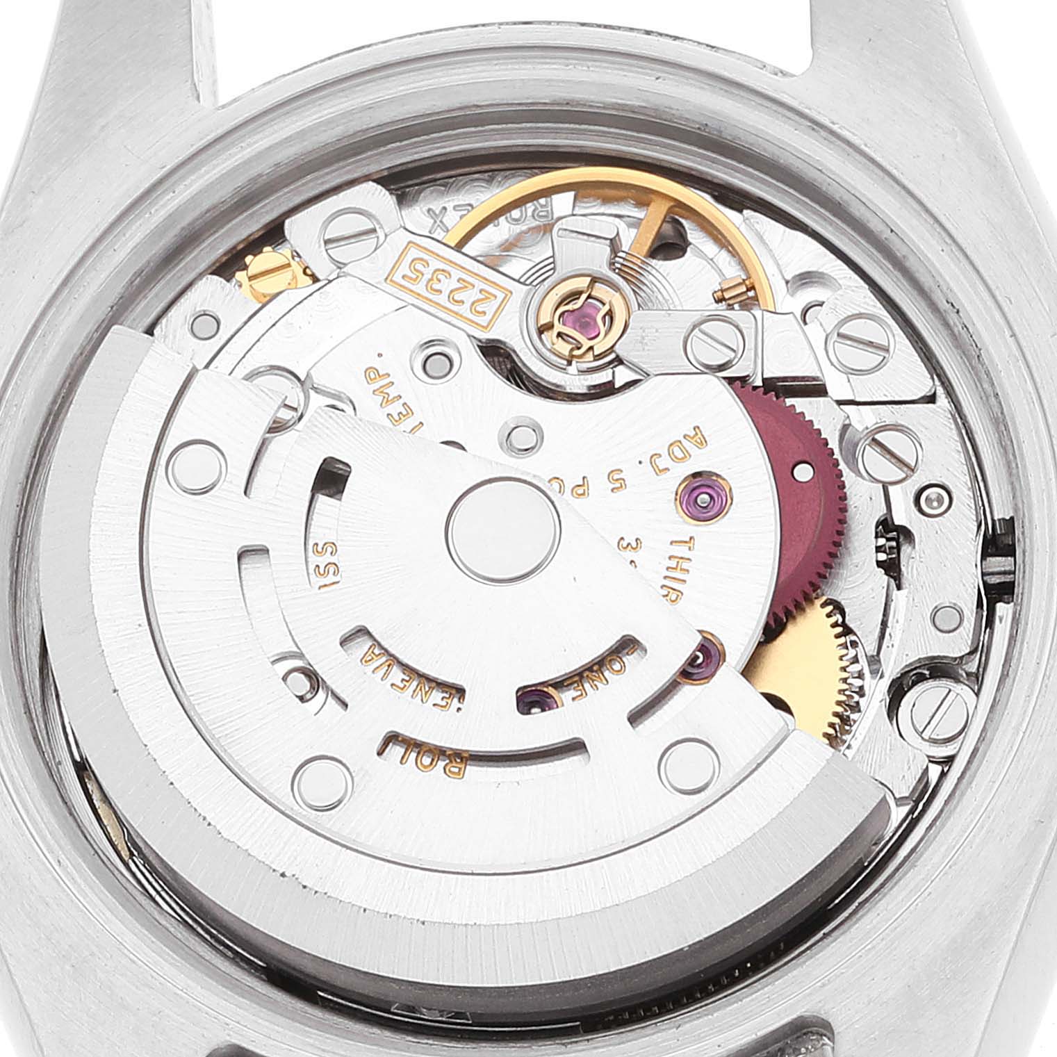 This image shows the internal movement mechanism of the Rolex Datejust 179383 Women's Steel and Gold (two tone) Champagne Dial 179383 Women's Steel and Gold (two tone) Champagne Dial model watch from a top-down angle.