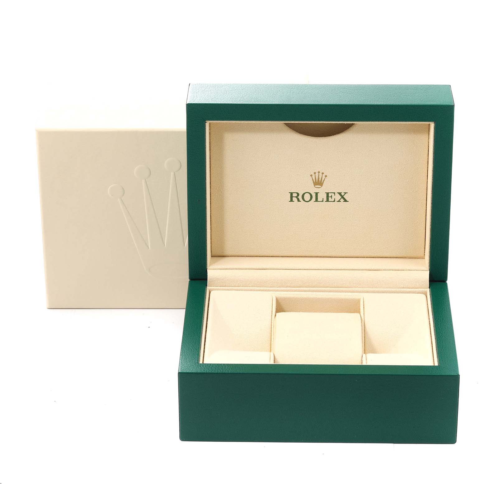 The image shows an open Rolex Datejust 179383 Women's Steel and Gold (two tone) Champagne Dial 179383 Women's Steel and Gold (two tone) Champagne Dial watch box, featuring a green exterior with a beige interior and the Rolex logo.