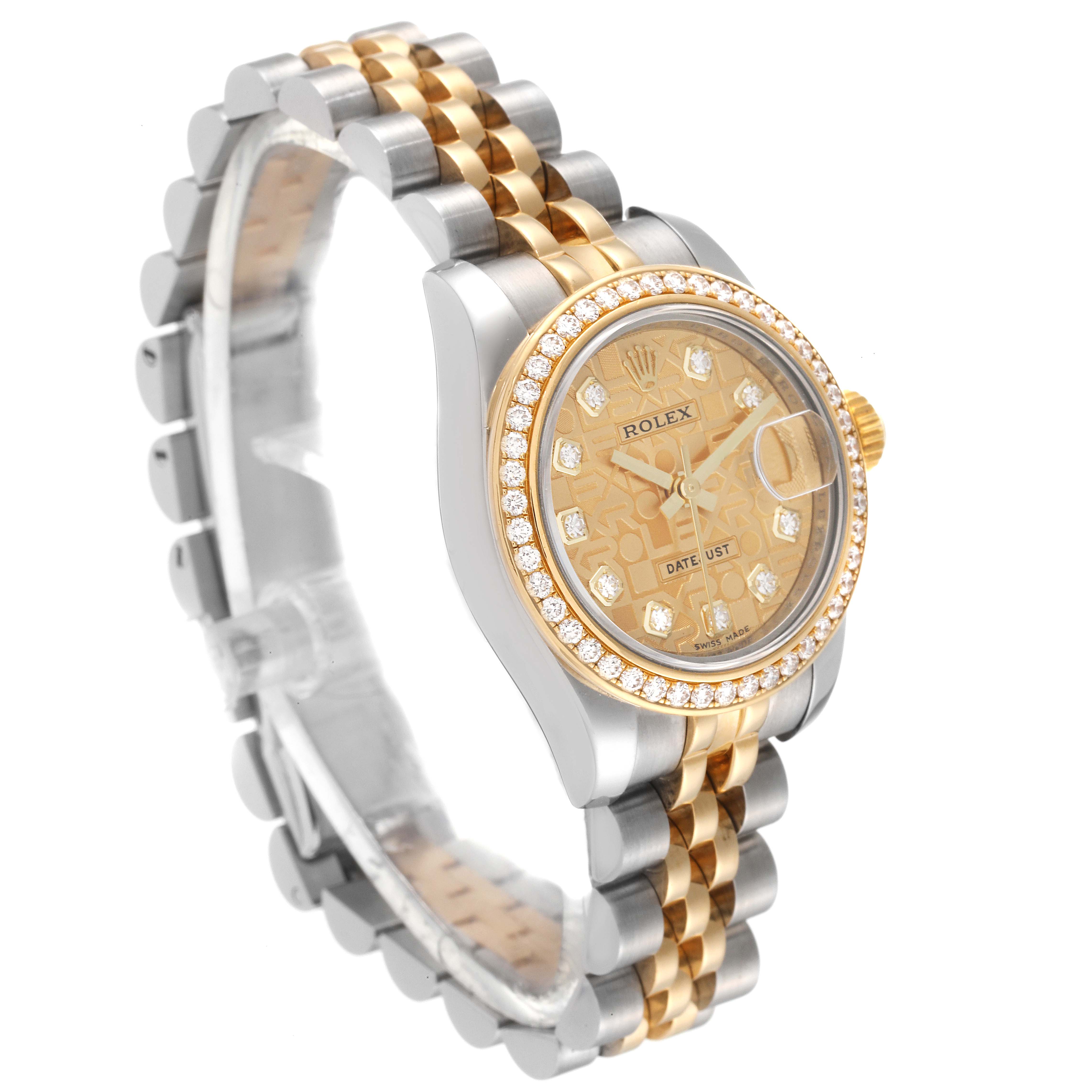 The Rolex Datejust 179383 Women's Steel and Gold (two tone) Champagne Dial 179383 Women's Steel and Gold (two tone) Champagne Dial watch is shown at a 3/4 angle, highlighting the face, bezel, and two-tone bracelet.