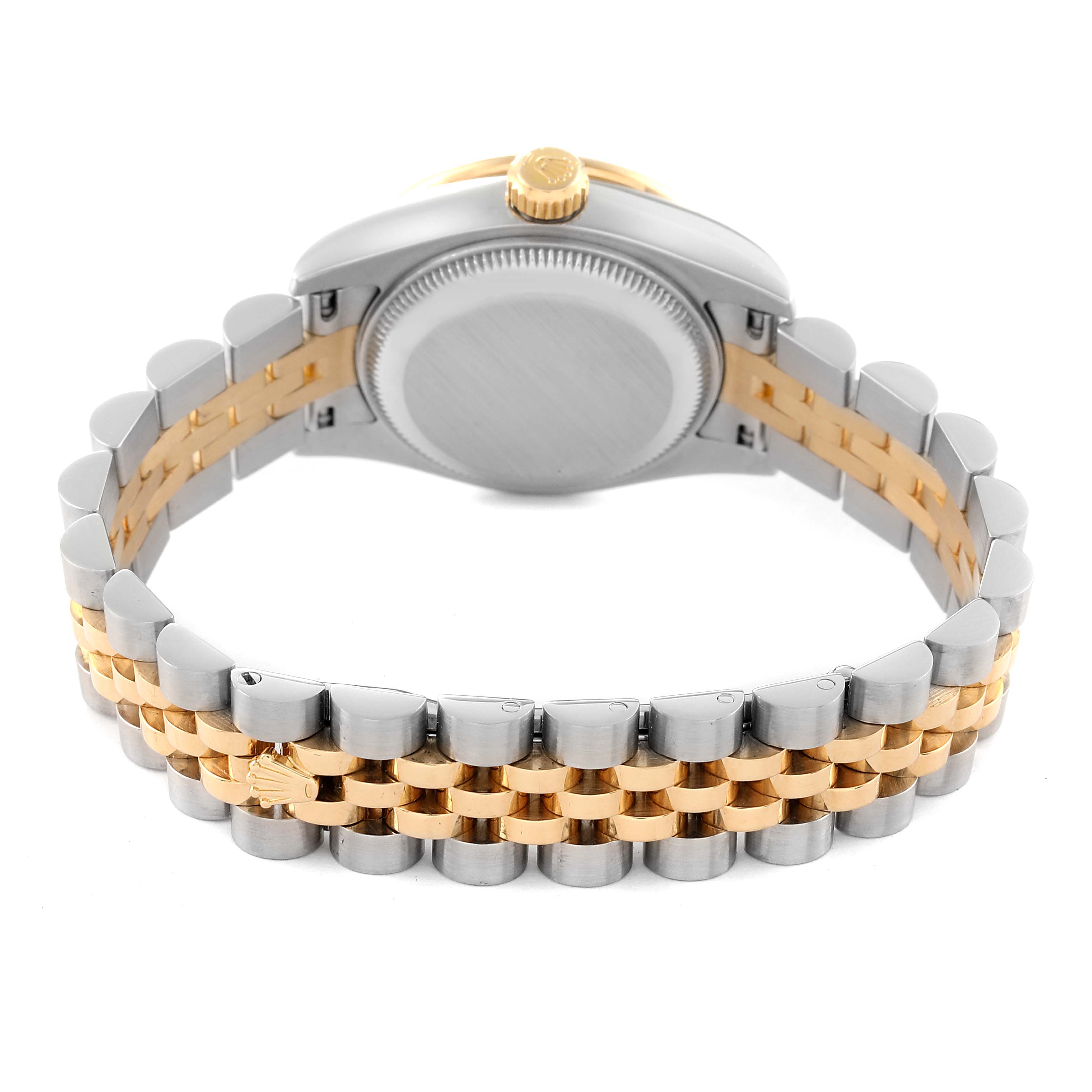 The image shows the back view of a Rolex Datejust 179383 Women's Steel and Gold (two tone) Champagne Dial 179383 Women's Steel and Gold (two tone) Champagne Dial watch, highlighting the two-tone bracelet and case back.