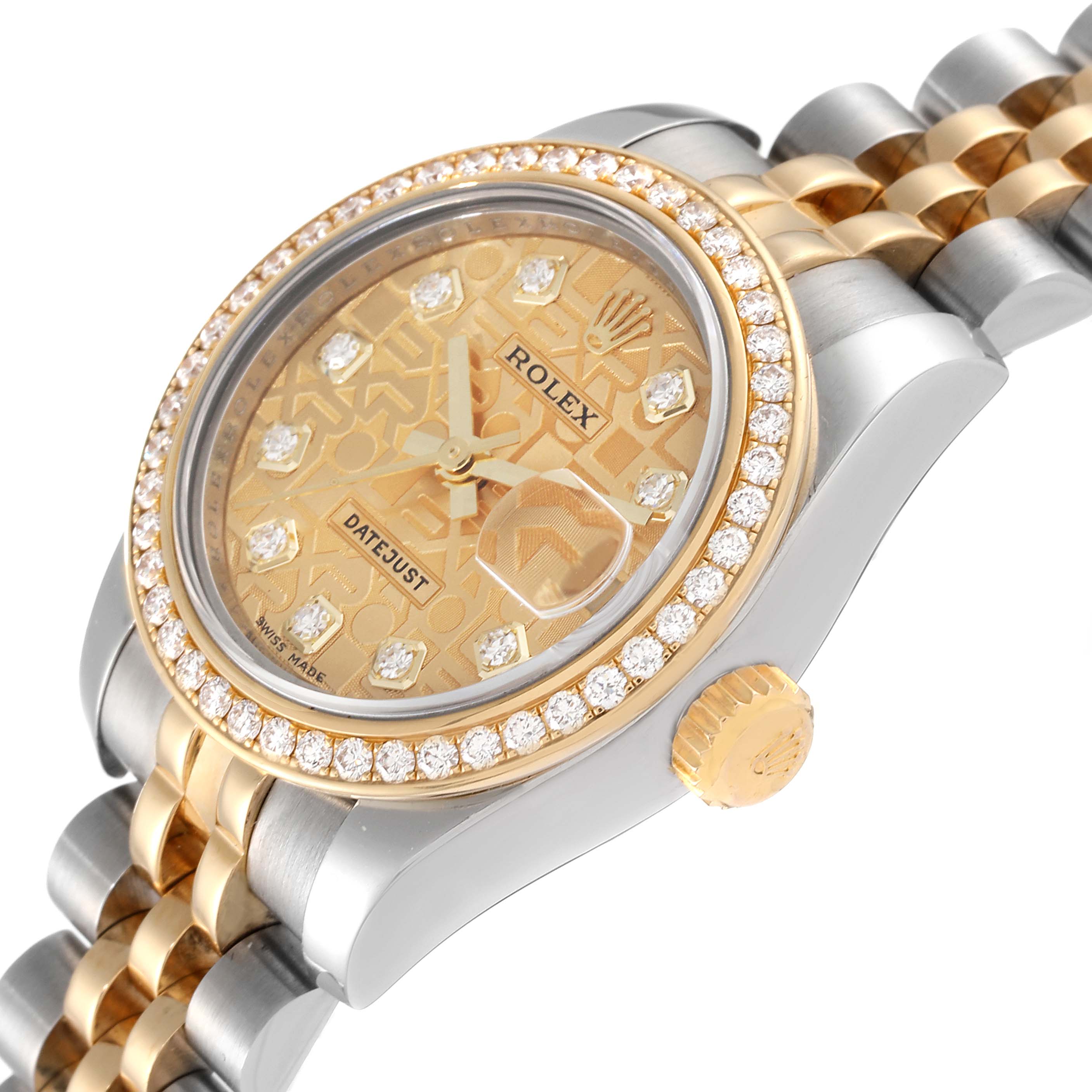 This image shows a Rolex Datejust 179383 Women's Steel and Gold (two tone) Champagne Dial 179383 Women's Steel and Gold (two tone) Champagne Dial watch from a three-quarter angle, featuring its bezel, dial, crown, and bracelet.