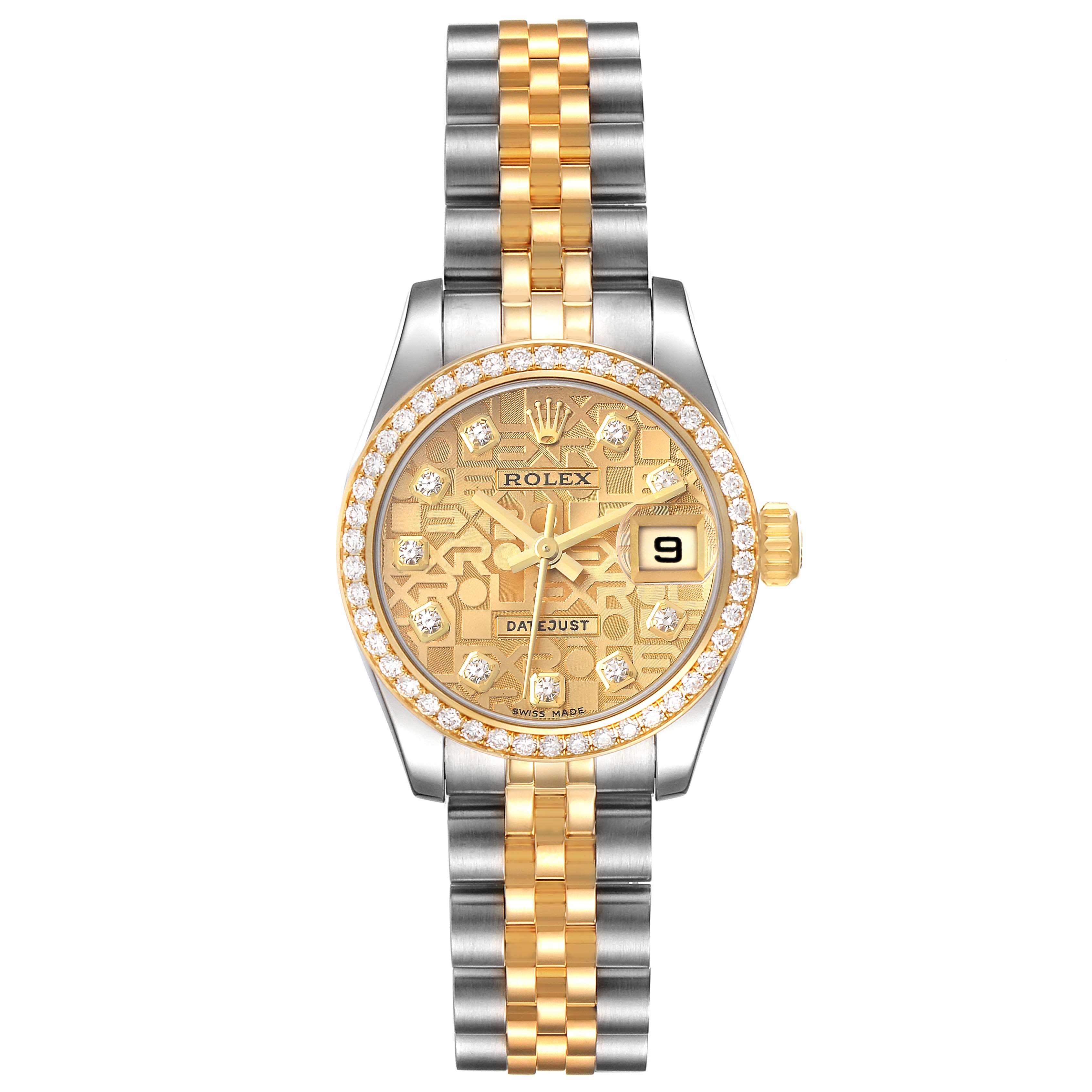 This image shows a front view of a Rolex Datejust 179383 Women's Steel and Gold (two tone) Champagne Dial 179383 Women's Steel and Gold (two tone) Champagne Dial watch, displaying the dial, bezel, and bracelet.