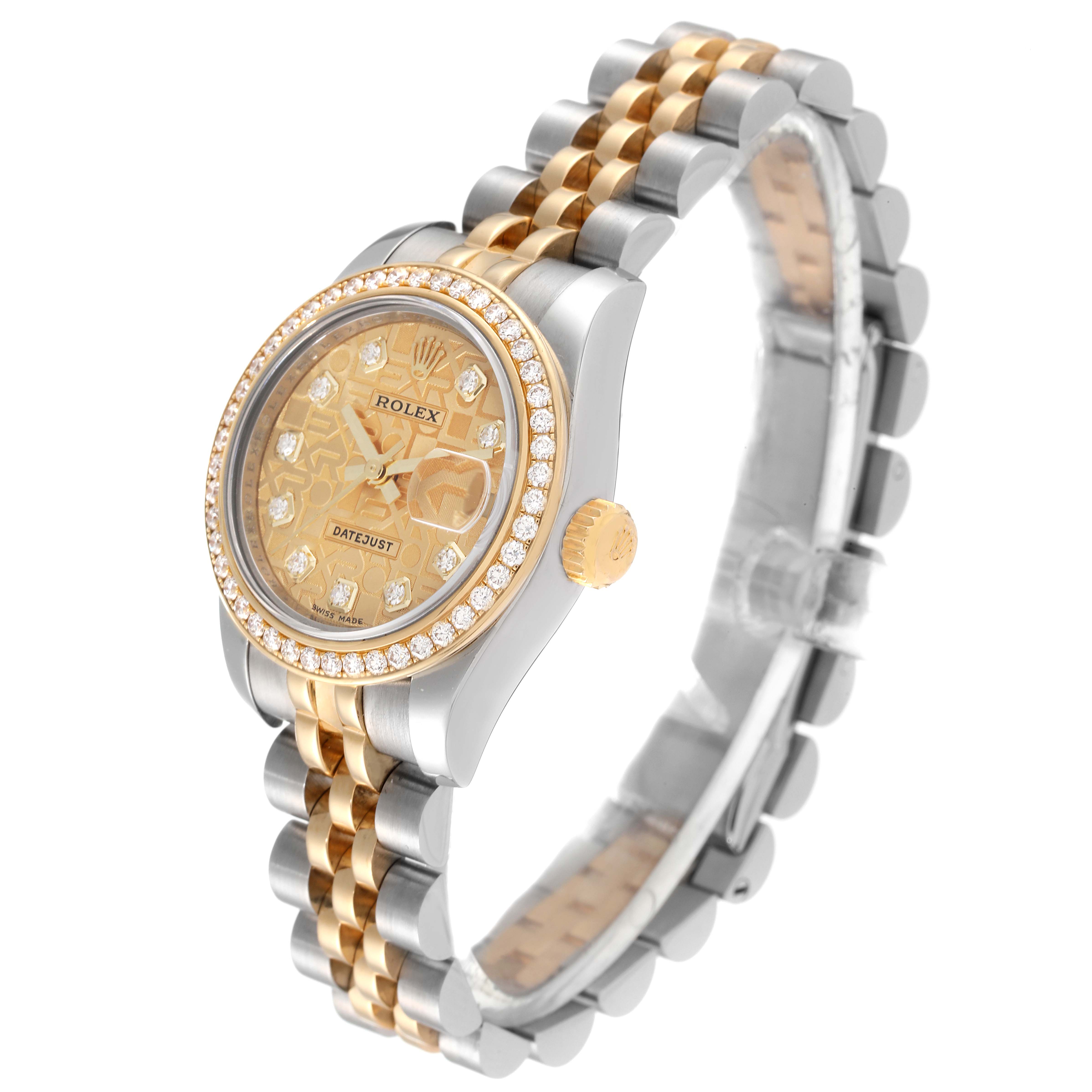 The Rolex Datejust 179383 Women's Steel and Gold (two tone) Champagne Dial 179383 Women's Steel and Gold (two tone) Champagne Dial watch is shown at a three-quarter angle, displaying the face, bracelet, and crown.