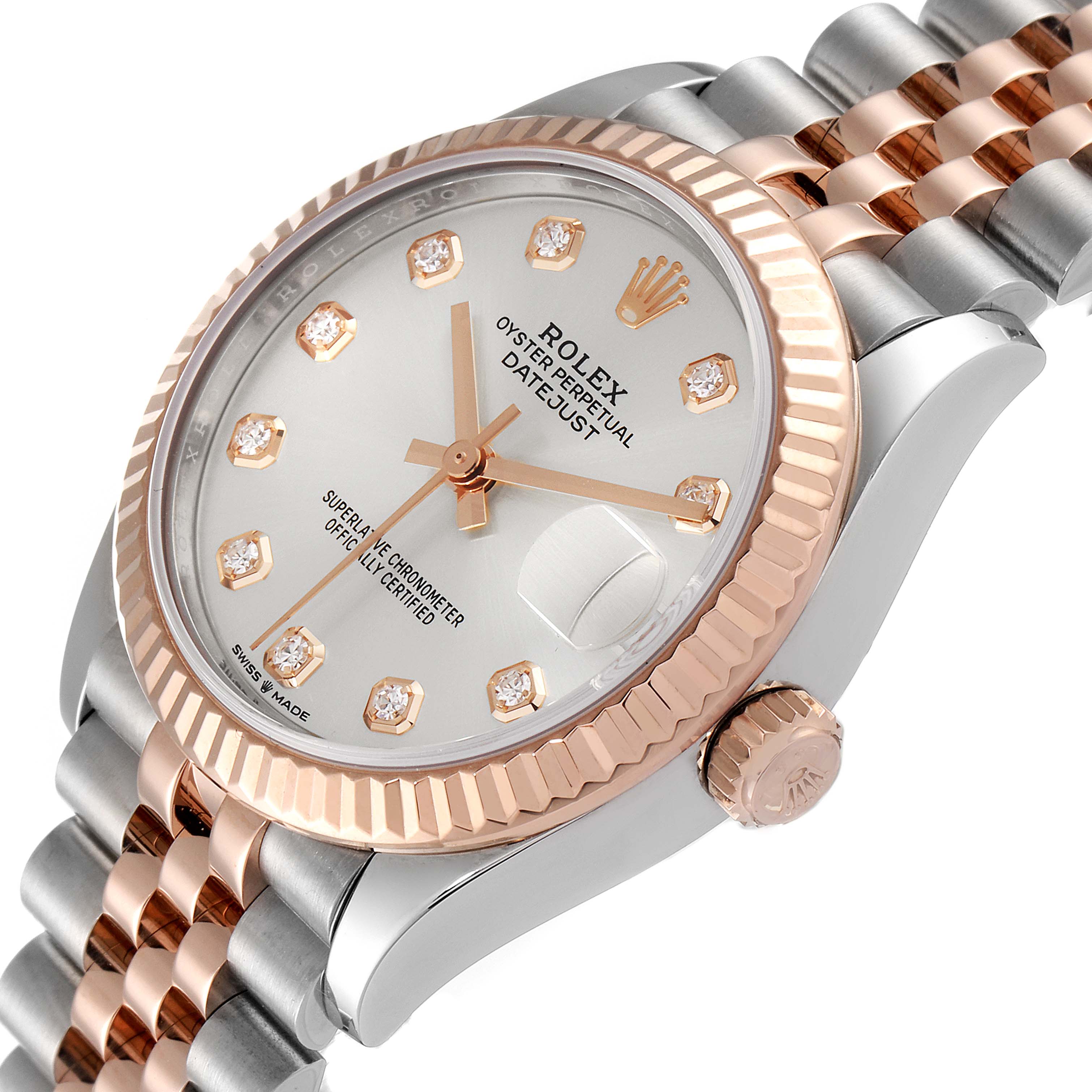 This image shows a close-up angled view of the Rolex Oyster Perpetual Datejust Mid-Size model, featuring the dial, bezel, and crown.