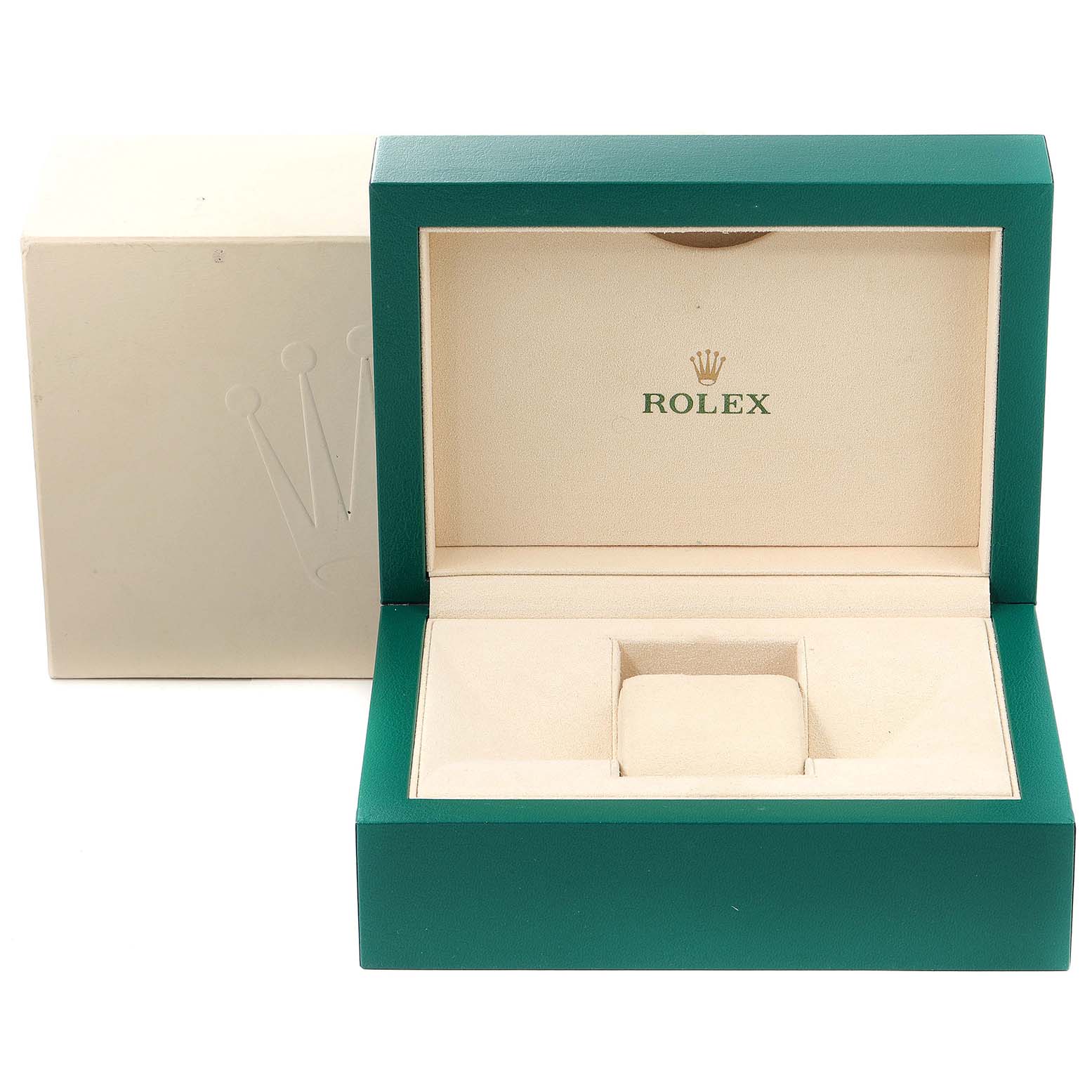 The image shows an open Rolex Mid-Size 278271 Women's Steel and Gold (two tone) Silver Dial 278271 Women's Steel and Gold (two tone) Silver Dial watch box viewed from the front, displaying the interior cushion.