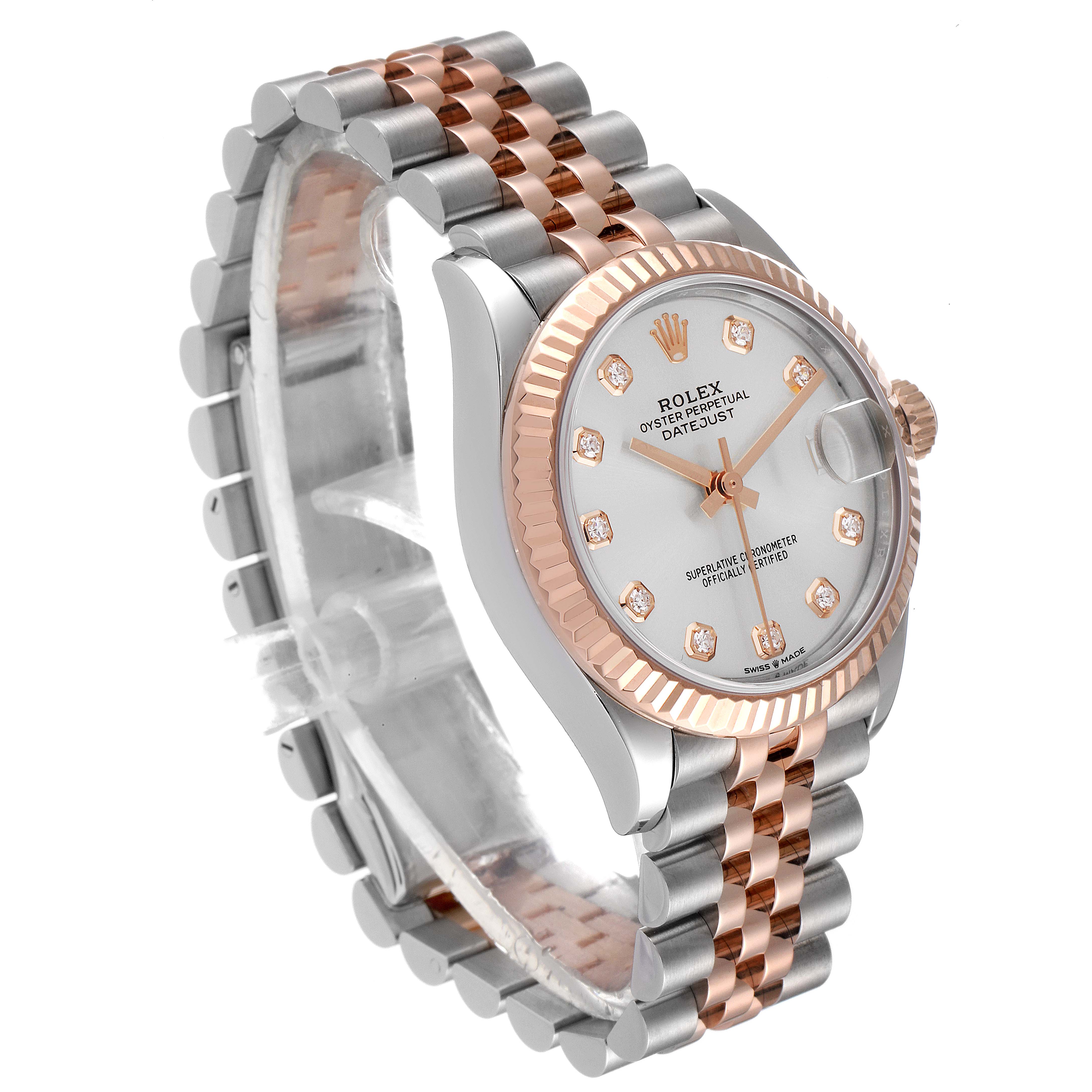 The image shows a side-angle view of a Rolex Mid-Size 278271 Women's Steel and Gold (two tone) Silver Dial 278271 Women's Steel and Gold (two tone) Silver Dial Datejust watch with a two-tone bracelet and diamond markers.