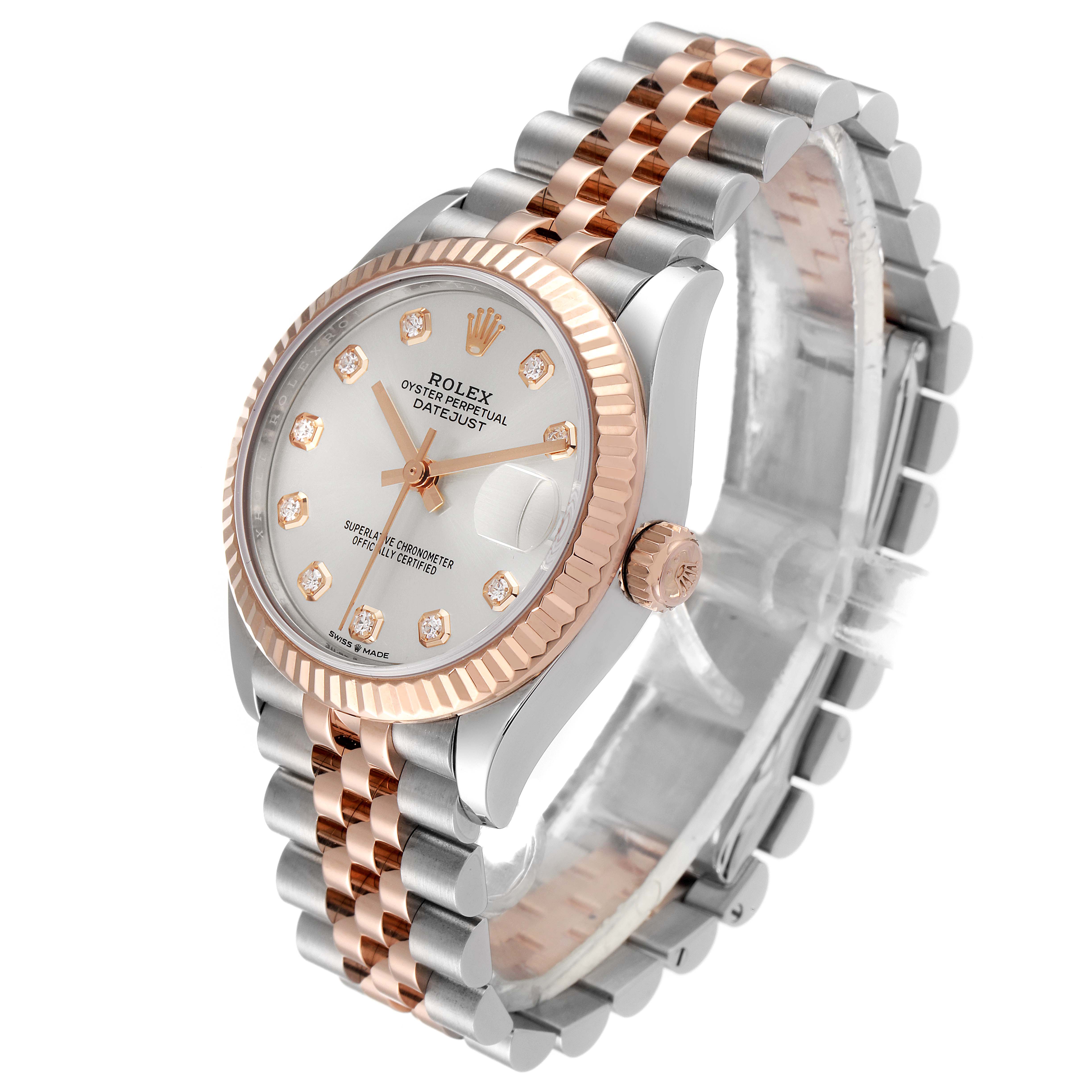 The Rolex Mid-Size 278271 Women's Steel and Gold (two tone) Silver Dial 278271 Women's Steel and Gold (two tone) Silver Dial model is shown at a three-quarter angle, highlighting the face, bezel, crown, and two-tone bracelet.