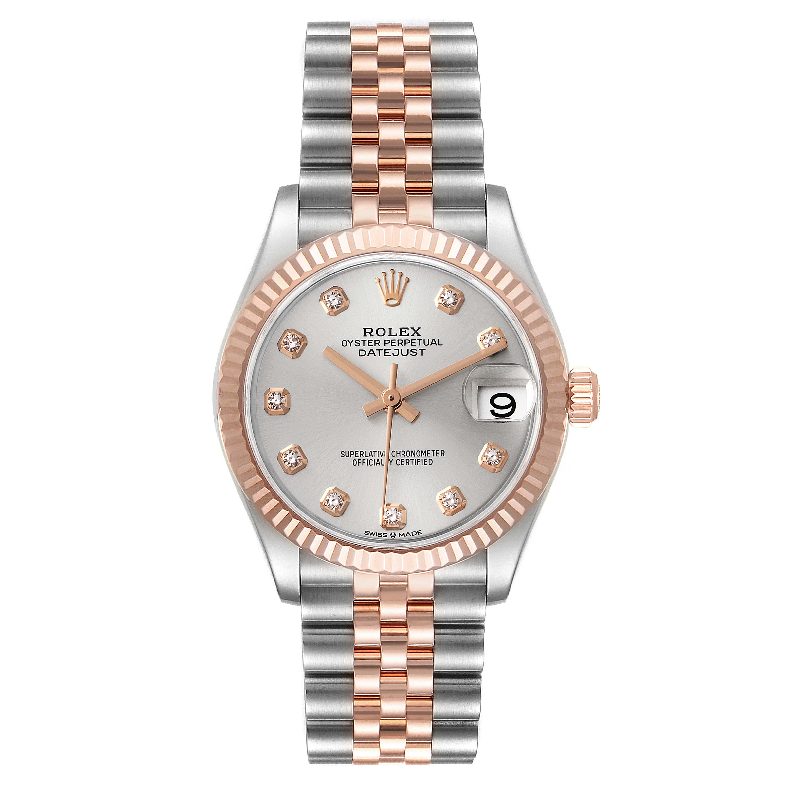 The image shows the front view of a Rolex Oyster Perpetual Datejust mid-size model watch, highlighting the dial, bezel, and bracelet.