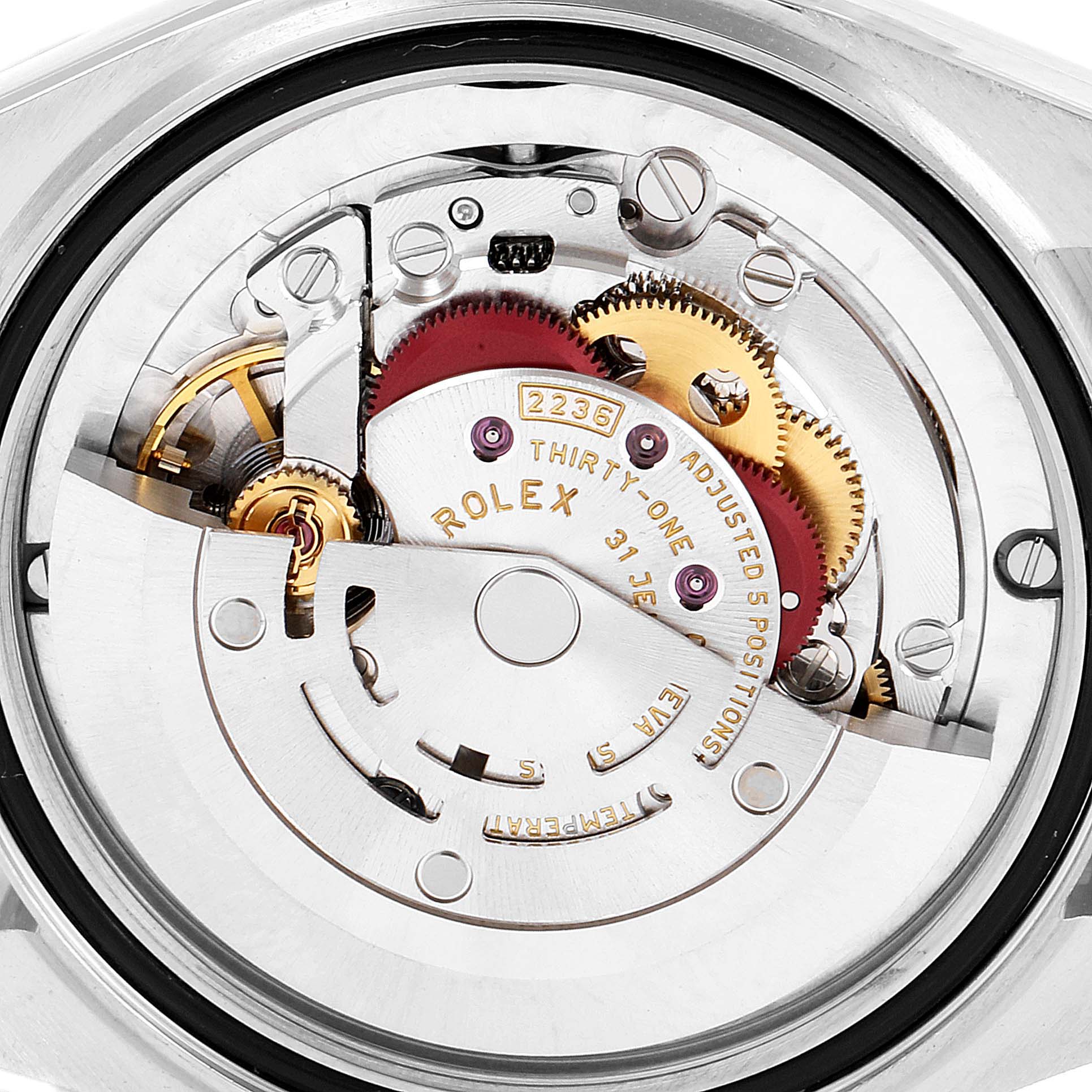 This image shows the internal mechanical movement of a Rolex Mid-Size 278271 Women's Steel and Gold (two tone) Silver Dial 278271 Women's Steel and Gold (two tone) Silver Dial model watch, focusing on gears and components.
