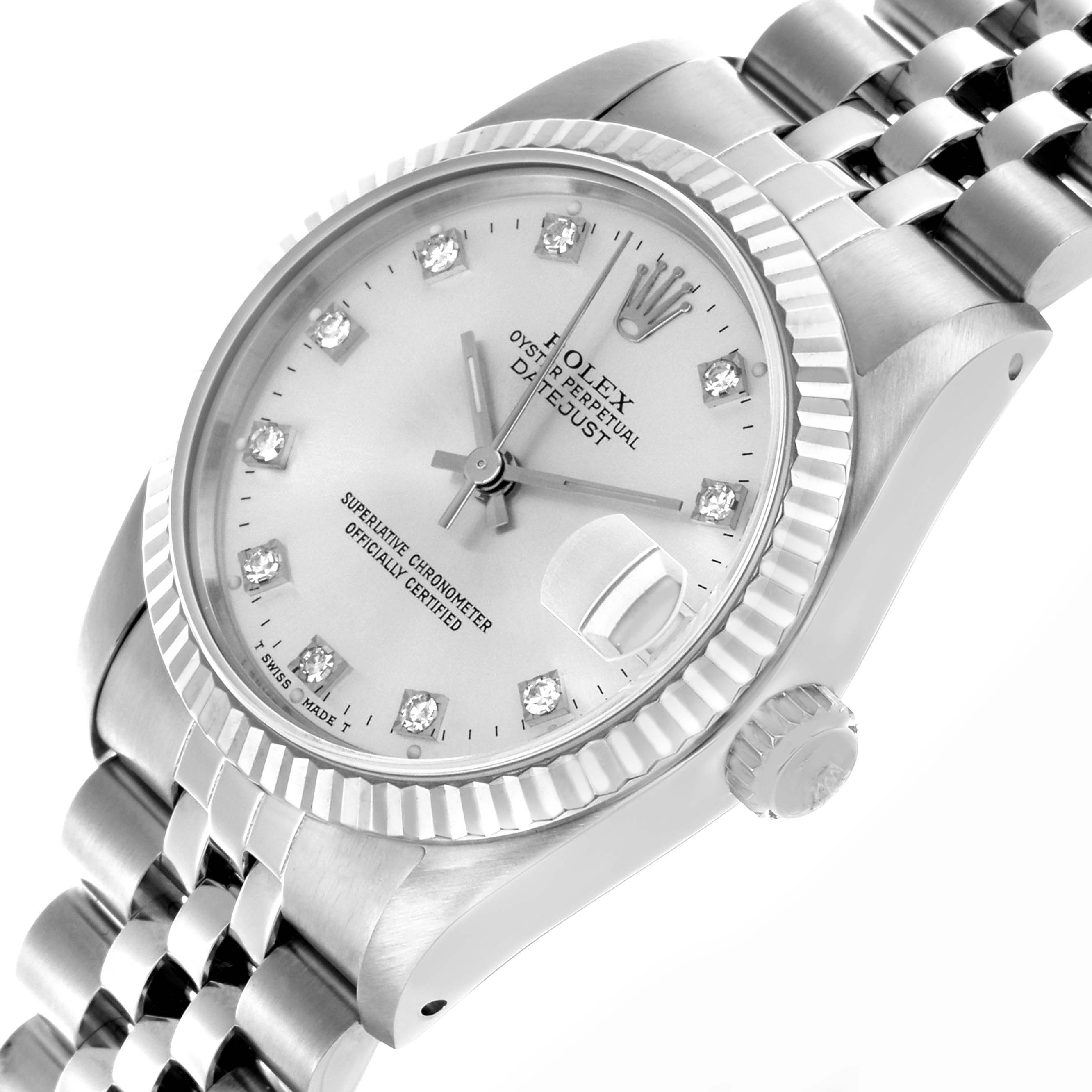 The Rolex Mid-Size 68274 Women's Stainless Steel Silver Dial 68274 Women's Stainless Steel Silver Dial watch is shown at a slight angle displaying the face, bezel, crown, and bracelet.
