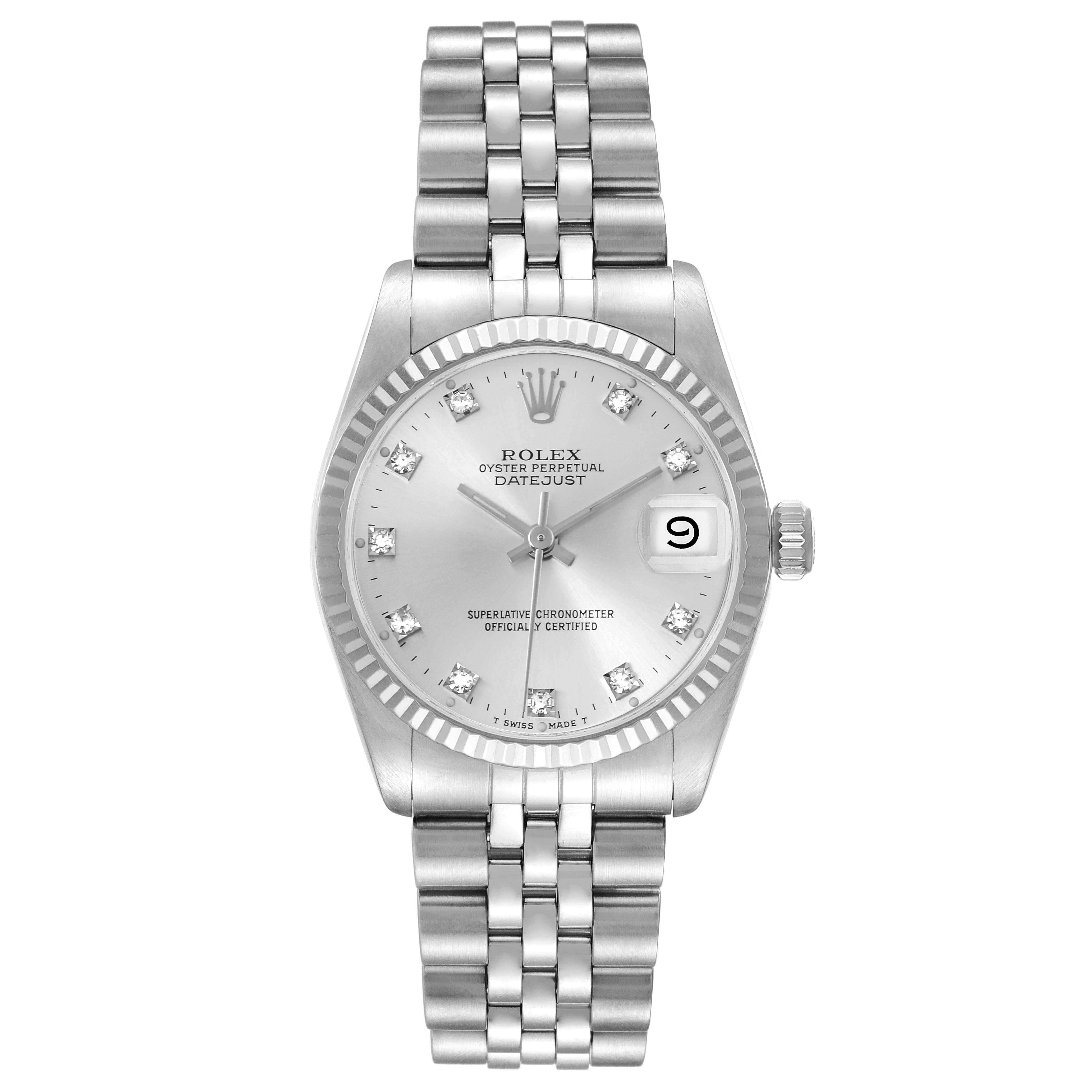 The Rolex Datejust Mid-Size is shown from the front, displaying the dial, fluted bezel, and Jubilee bracelet.