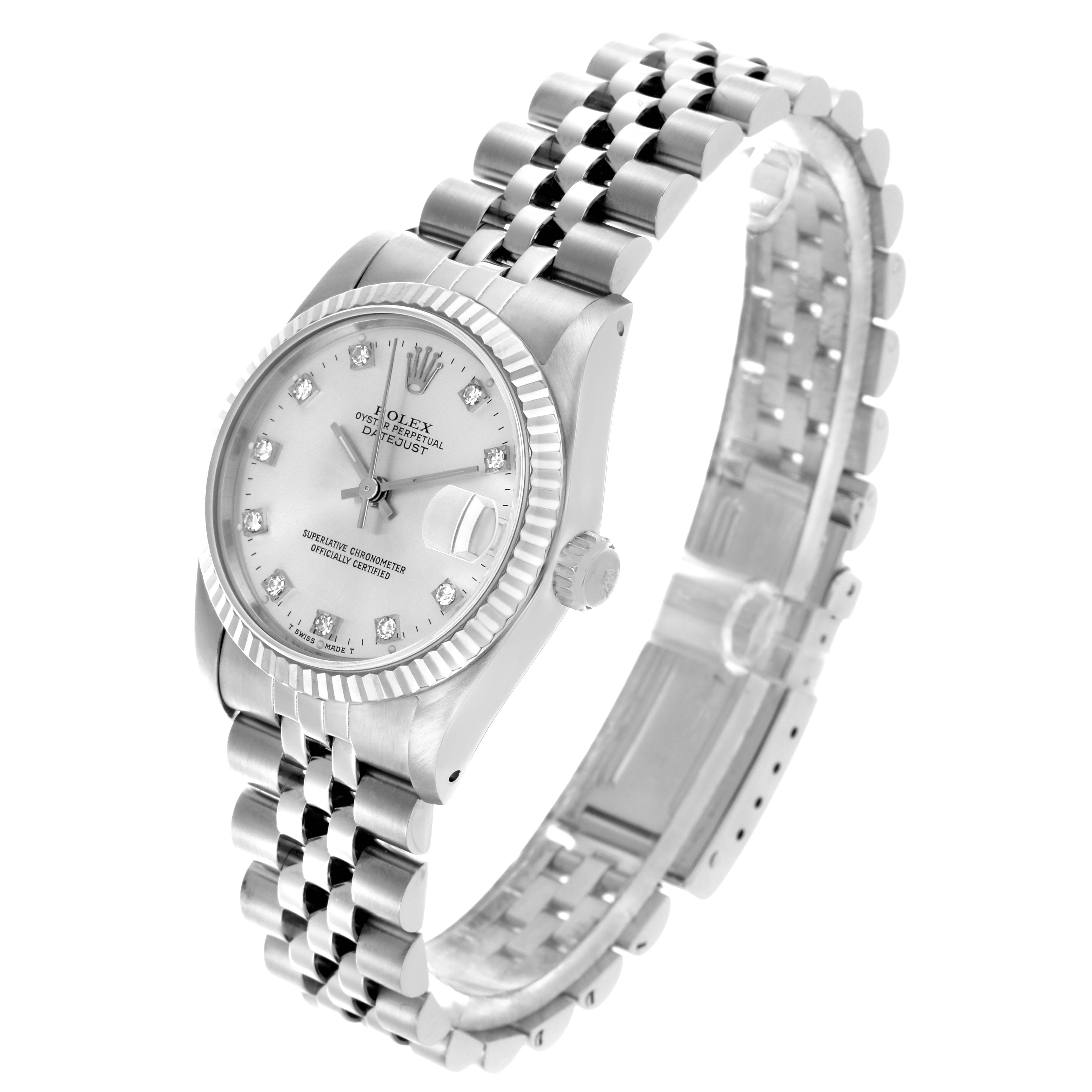 The Rolex Mid-Size 68274 Women's Stainless Steel Silver Dial 68274 Women's Stainless Steel Silver Dial watch is shown at an angled view, highlighting the case, bracelet, bezel, and dial.