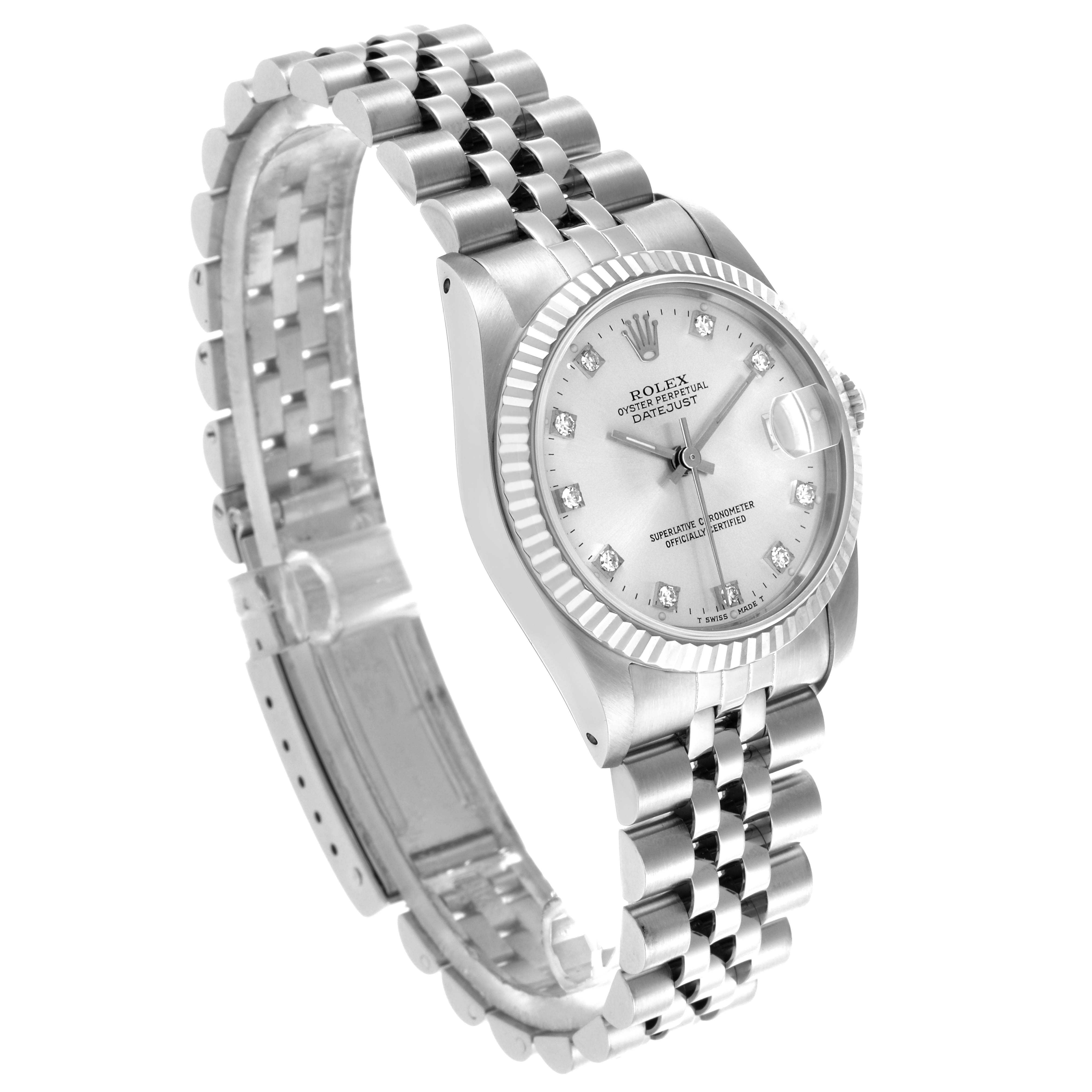 The Rolex Mid-Size 68274 Women's Stainless Steel Silver Dial 68274 Women's Stainless Steel Silver Dial watch is shown from a three-quarter angle, highlighting the face, bezel, and bracelet.
