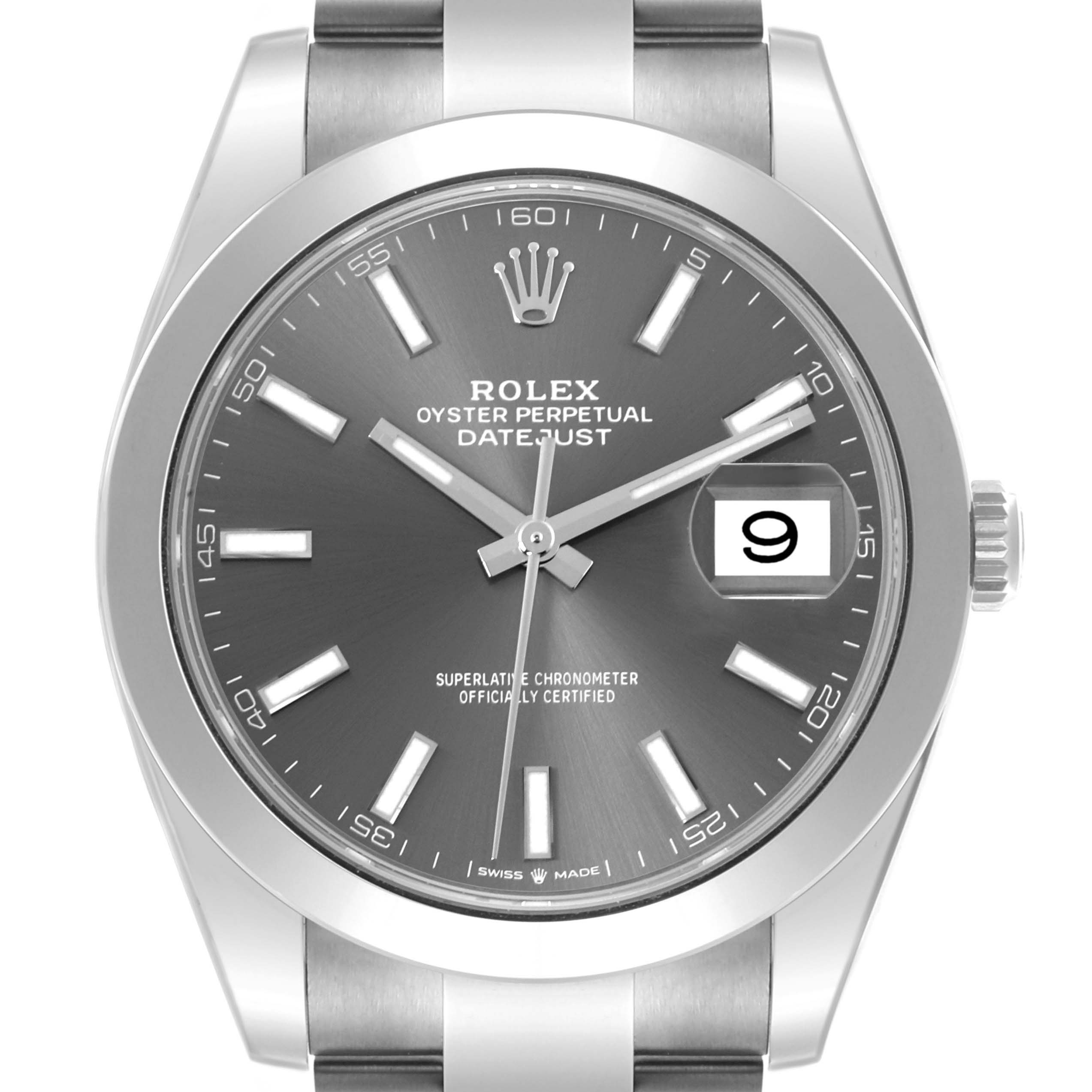 The image shows a front view of the Rolex Datejust 41 126300 Men's Stainless Steel Grey Dial 126300 Men's Stainless Steel Grey Dial watch, highlighting its dial, bezel, and bracelet.